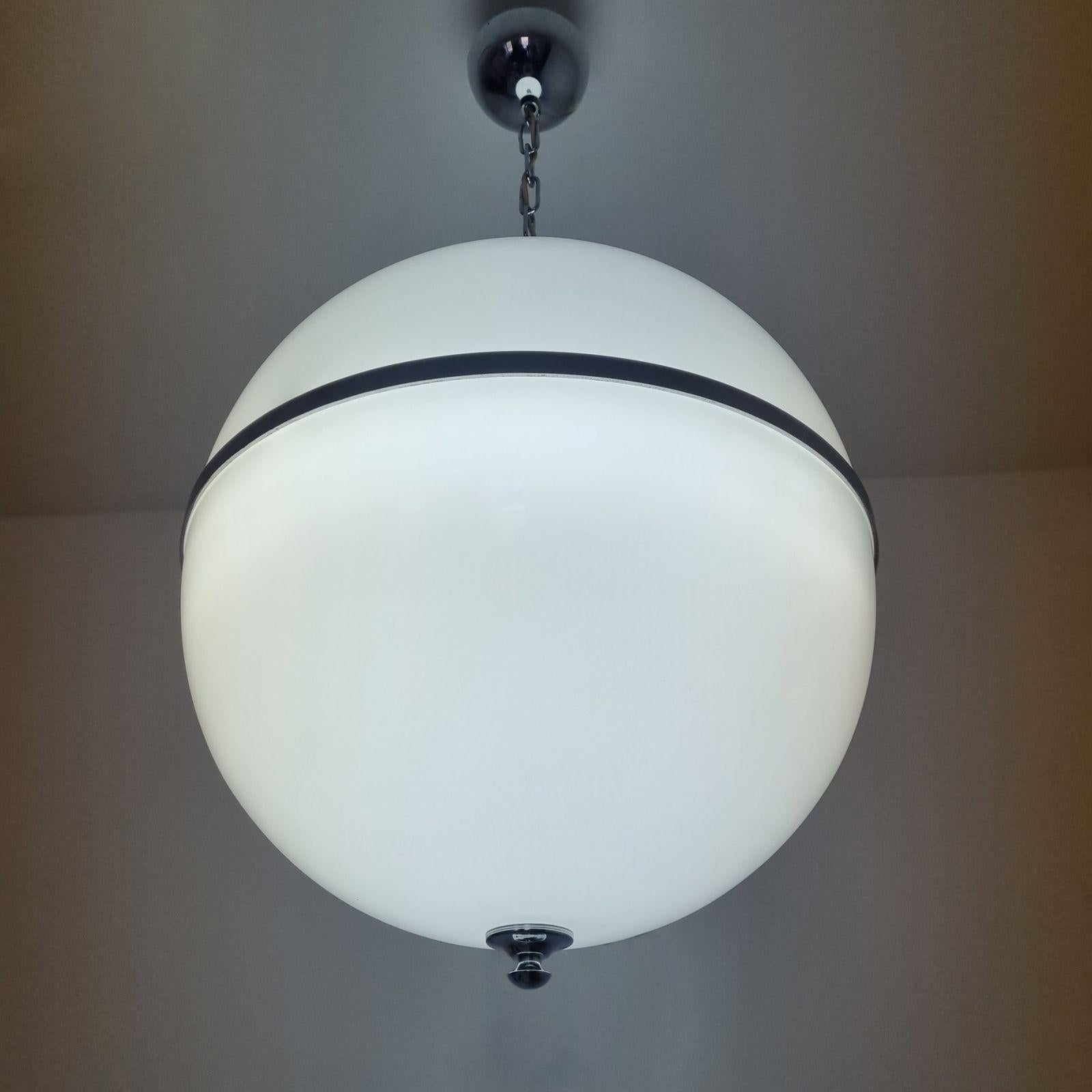 Large Mid Century White Globe Pendant Lamp, Italy 70s In Good Condition In Lucija, SI