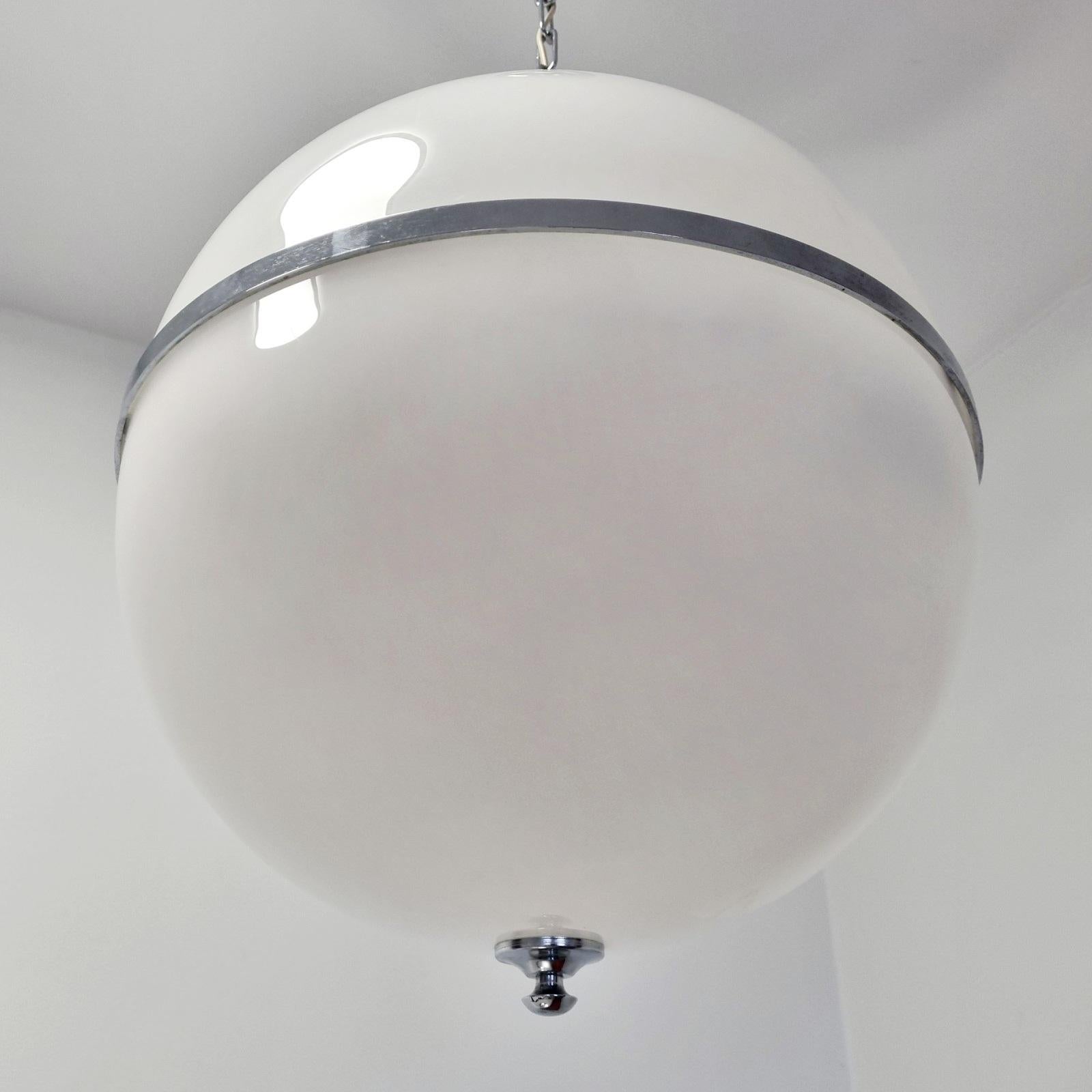 Chrome Large Mid Century White Globe Pendant Lamp, Italy 70s