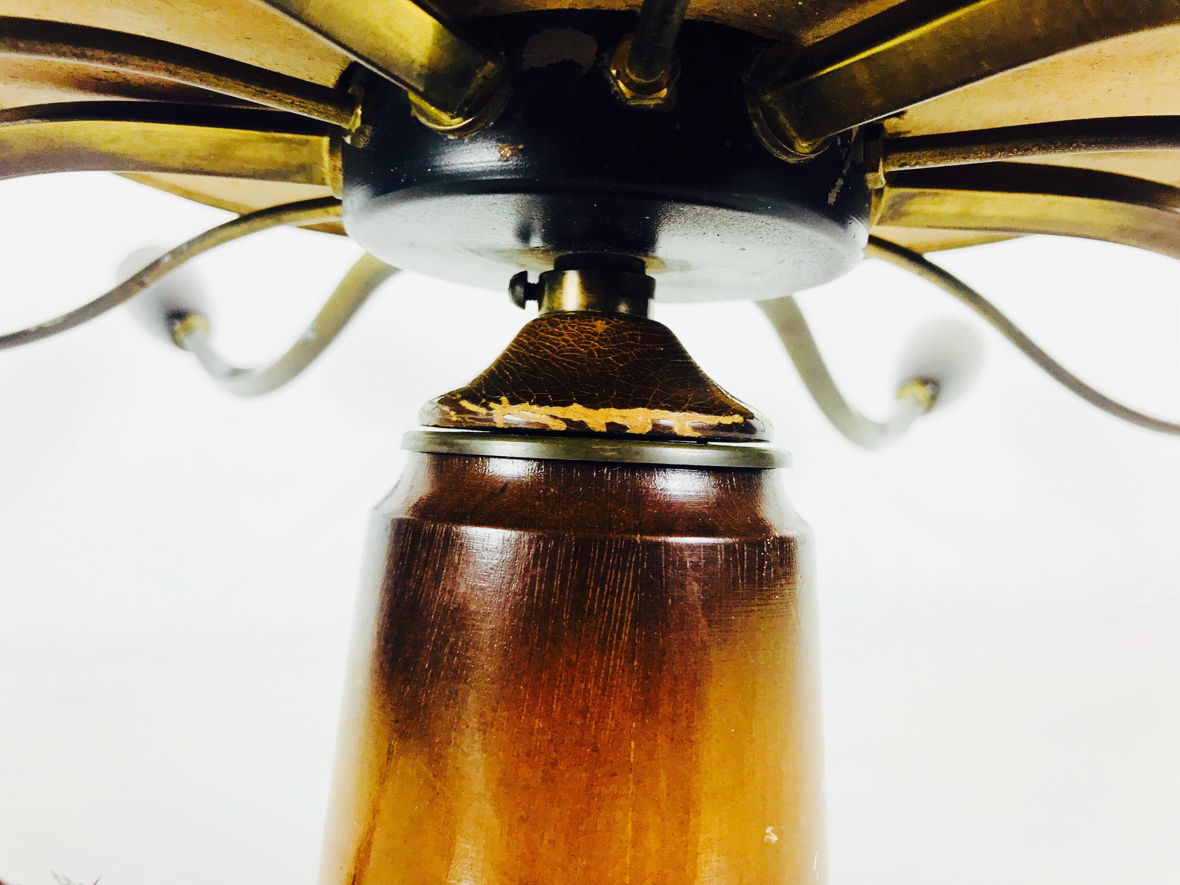 Brass Large Midcentury Wooden 6-Arm Sputnik Chandelier, 1950s For Sale