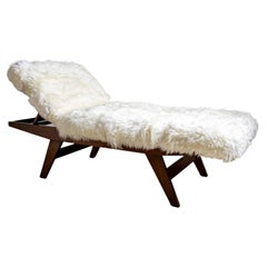 Large Mid-Century Wooden Daybed with Adjustable Headrest and Sheepskin Upholster