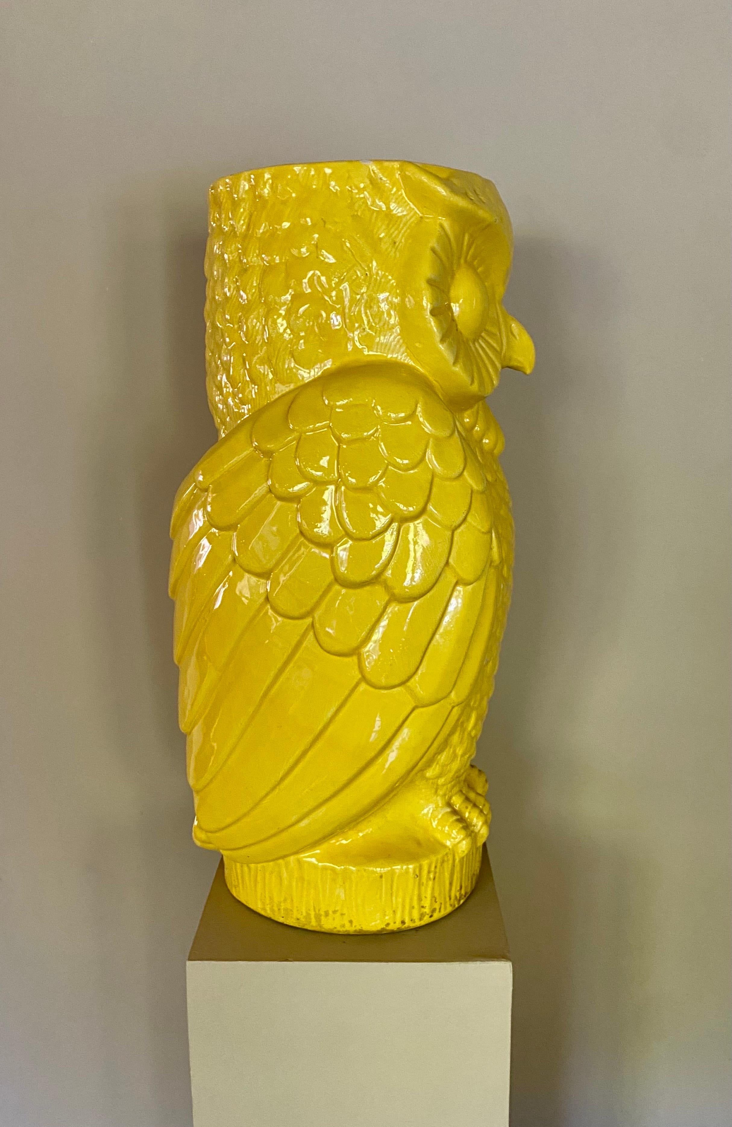 Mid-Century Modern Large Midcentury Yellow Ceramic Pottery Owl Vase or Umbrella Holder For Sale