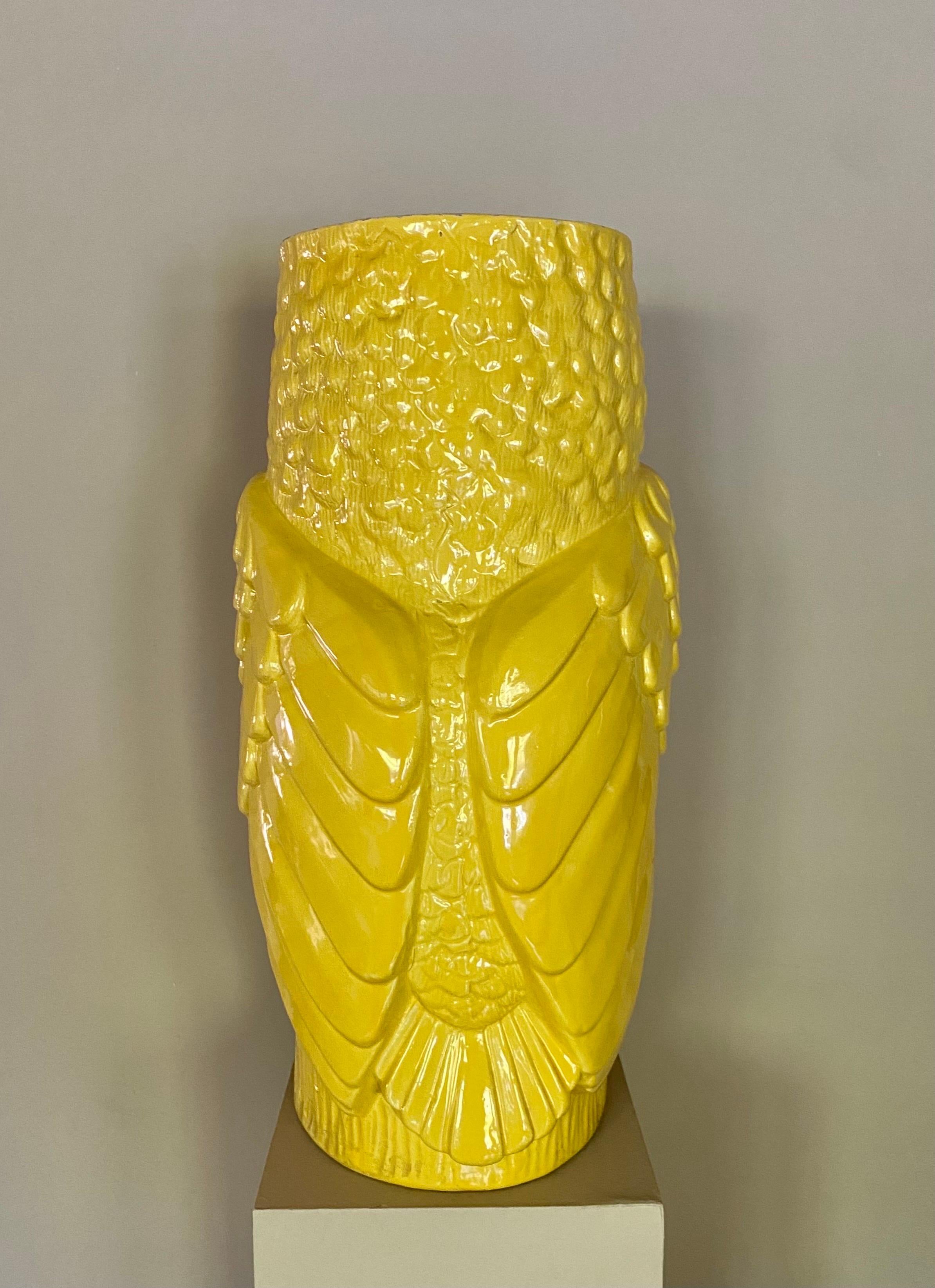 Glazed Large Midcentury Yellow Ceramic Pottery Owl Vase or Umbrella Holder For Sale