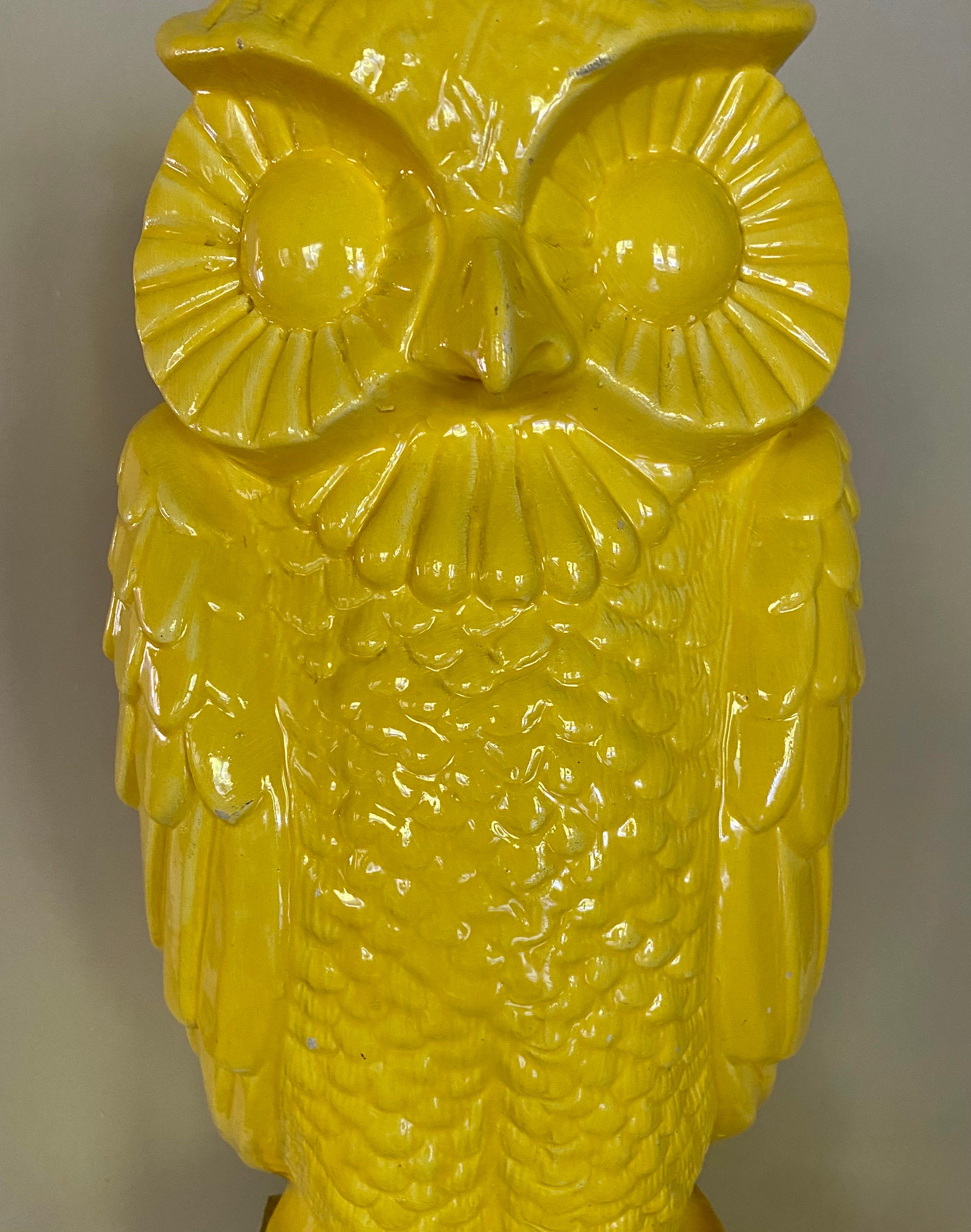 Late 20th Century Large Midcentury Yellow Ceramic Pottery Owl Vase or Umbrella Holder For Sale