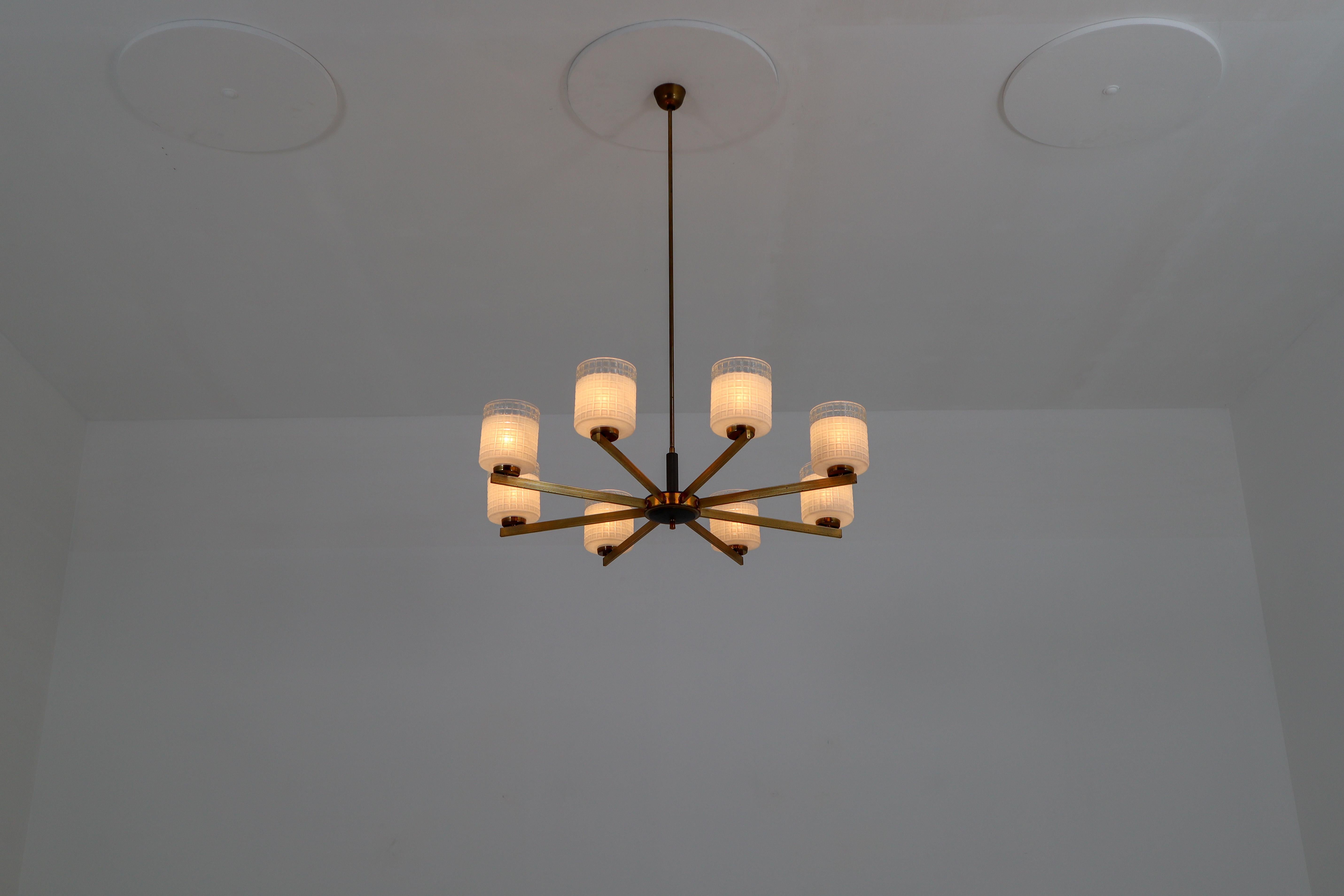 Large Midcentury 8-Light Brass and Glass Chandelier, 1950s Danish Modern 1