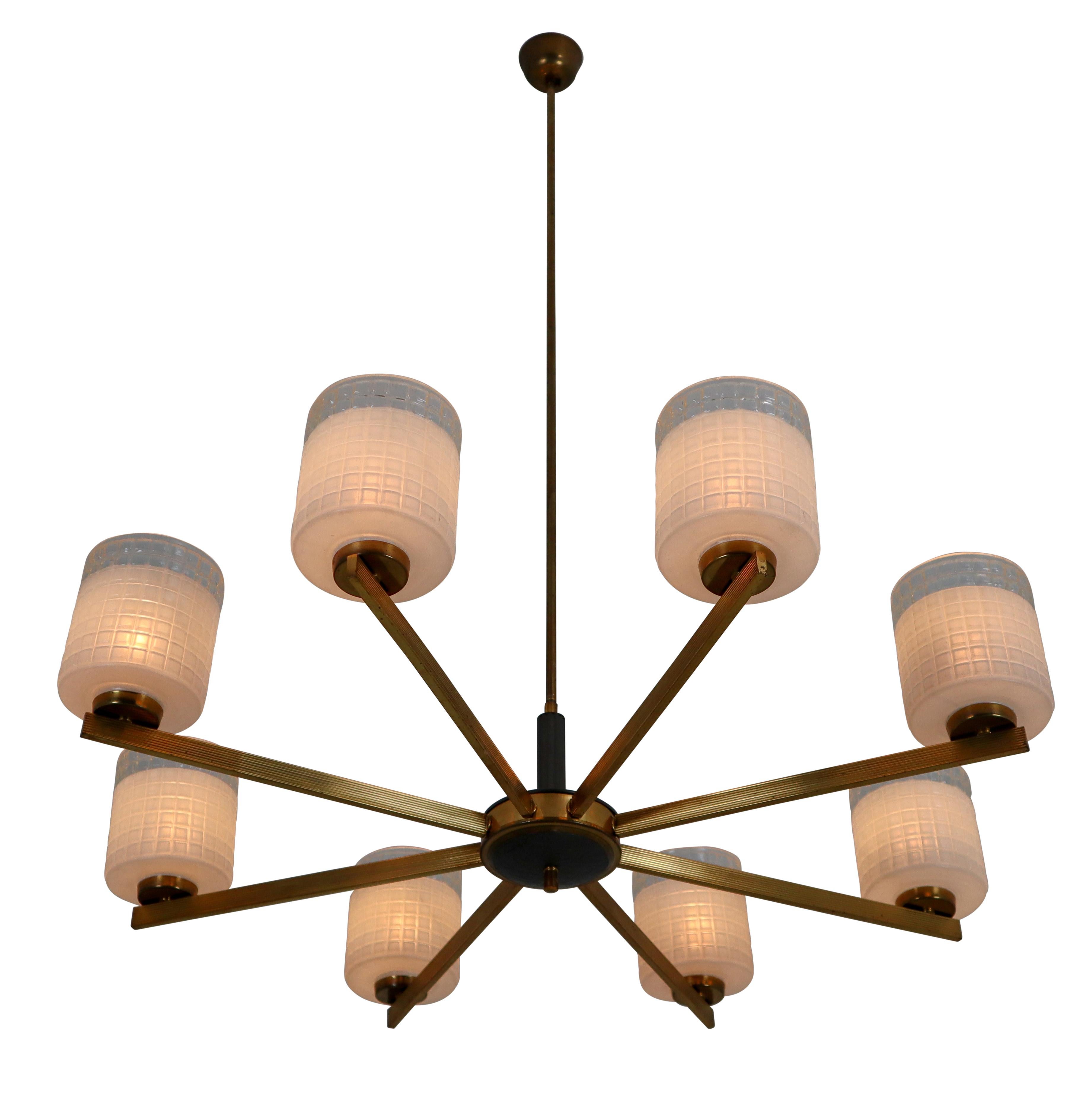 Large Midcentury 8-Light Brass and Glass Chandelier, 1950s Danish Modern