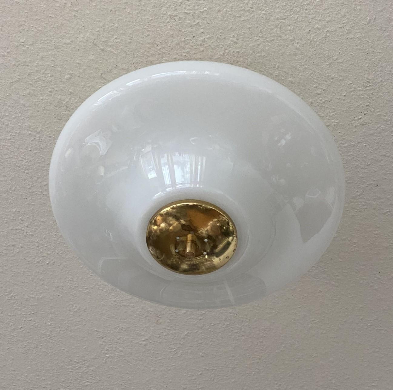 Large Bauhaus Opaline Glass Brass Two-Light Flush Mount, Germany, 1940-1949 5