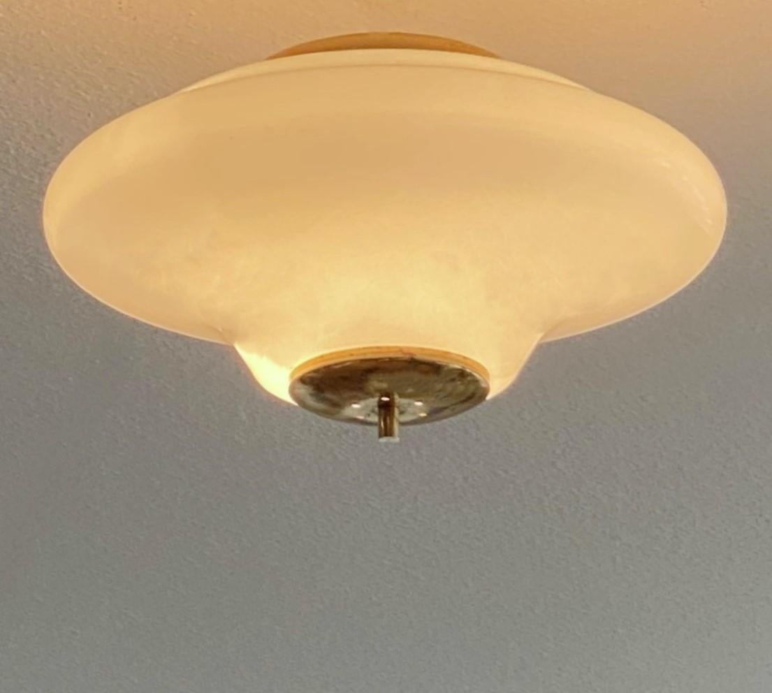 Large Bauhaus Opaline Glass Brass Two-Light Flush Mount, Germany, 1940-1949 6