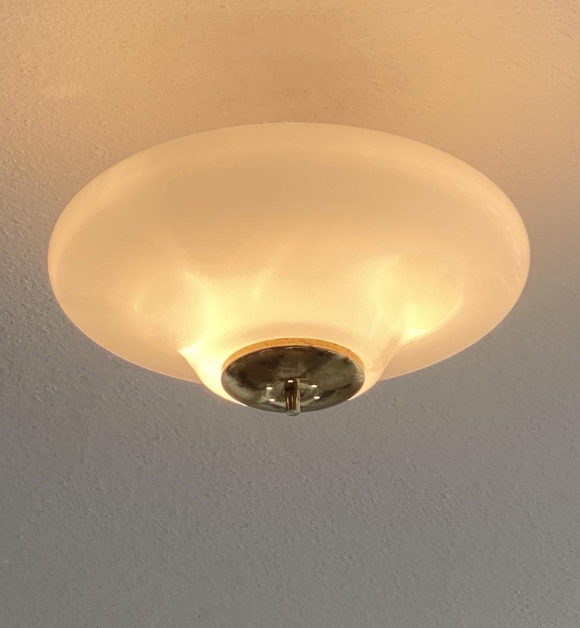 Large Bauhaus Opaline Glass Brass Two-Light Flush Mount, Germany, 1940-1949 7