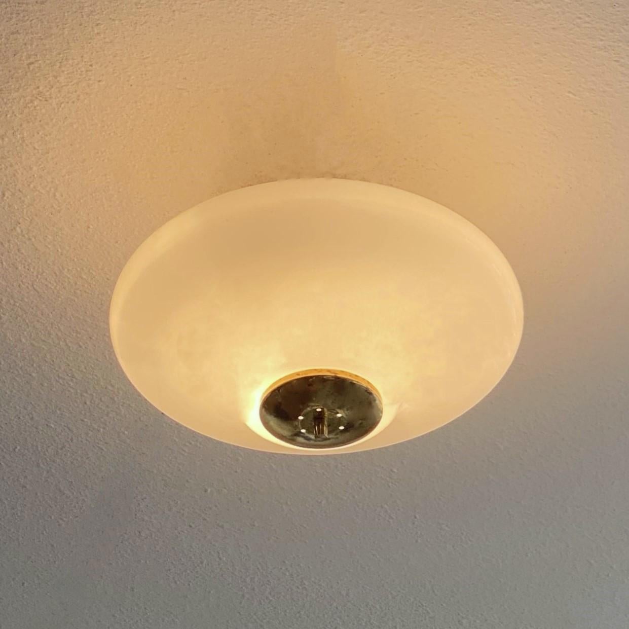 Large Bauhaus Opaline Glass Brass Two-Light Flush Mount, Germany, 1940-1949 8