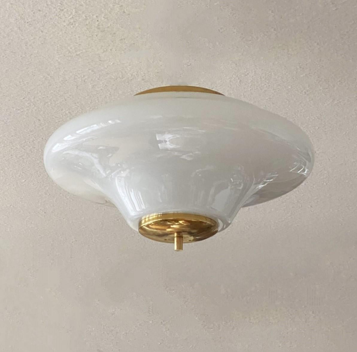 Mid-Century Modern Large Bauhaus Opaline Glass Brass Two-Light Flush Mount, Germany, 1940-1949