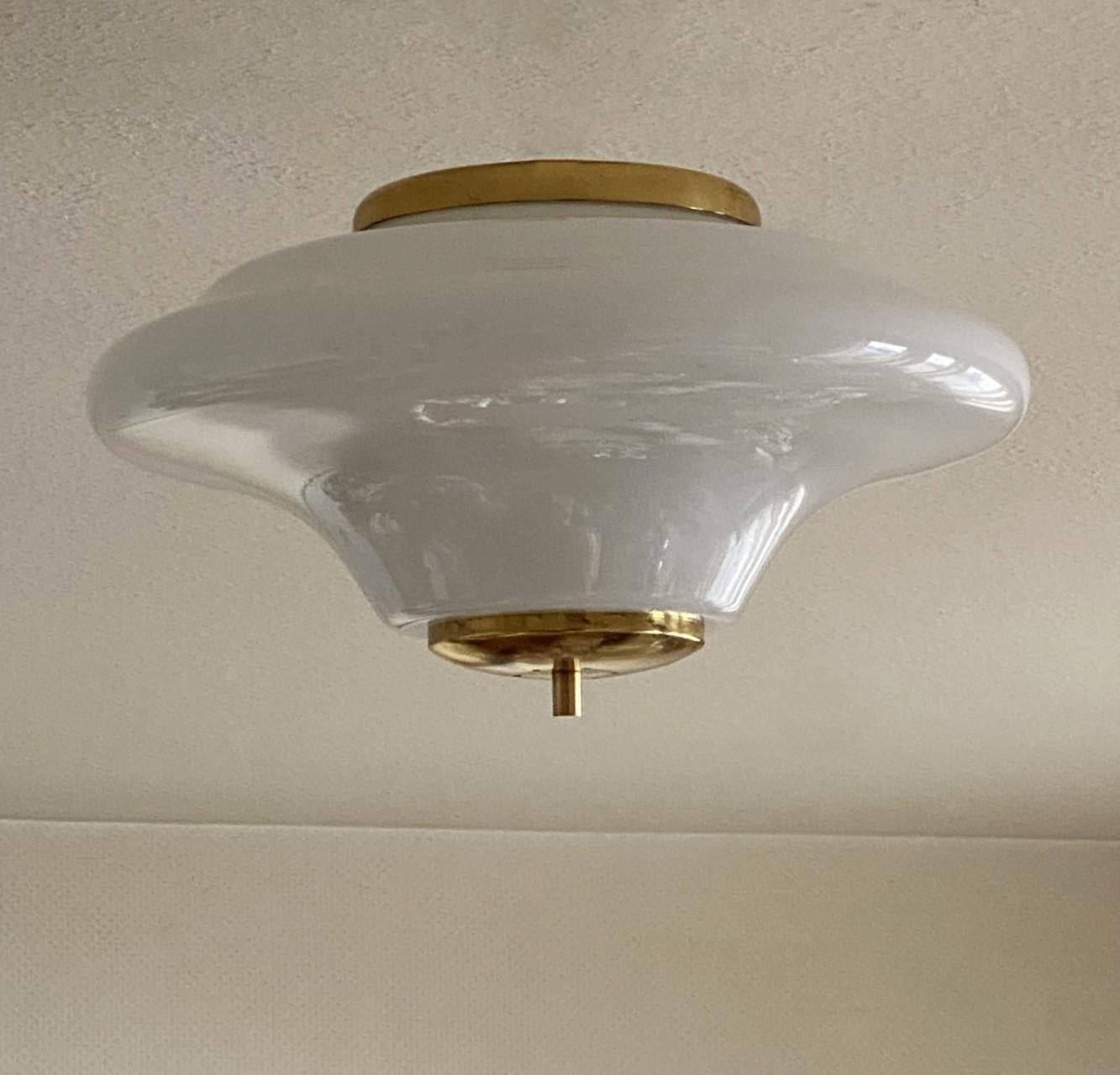 Large Bauhaus Opaline Glass Brass Two-Light Flush Mount, Germany, 1940-1949 In Good Condition In Frankfurt am Main, DE