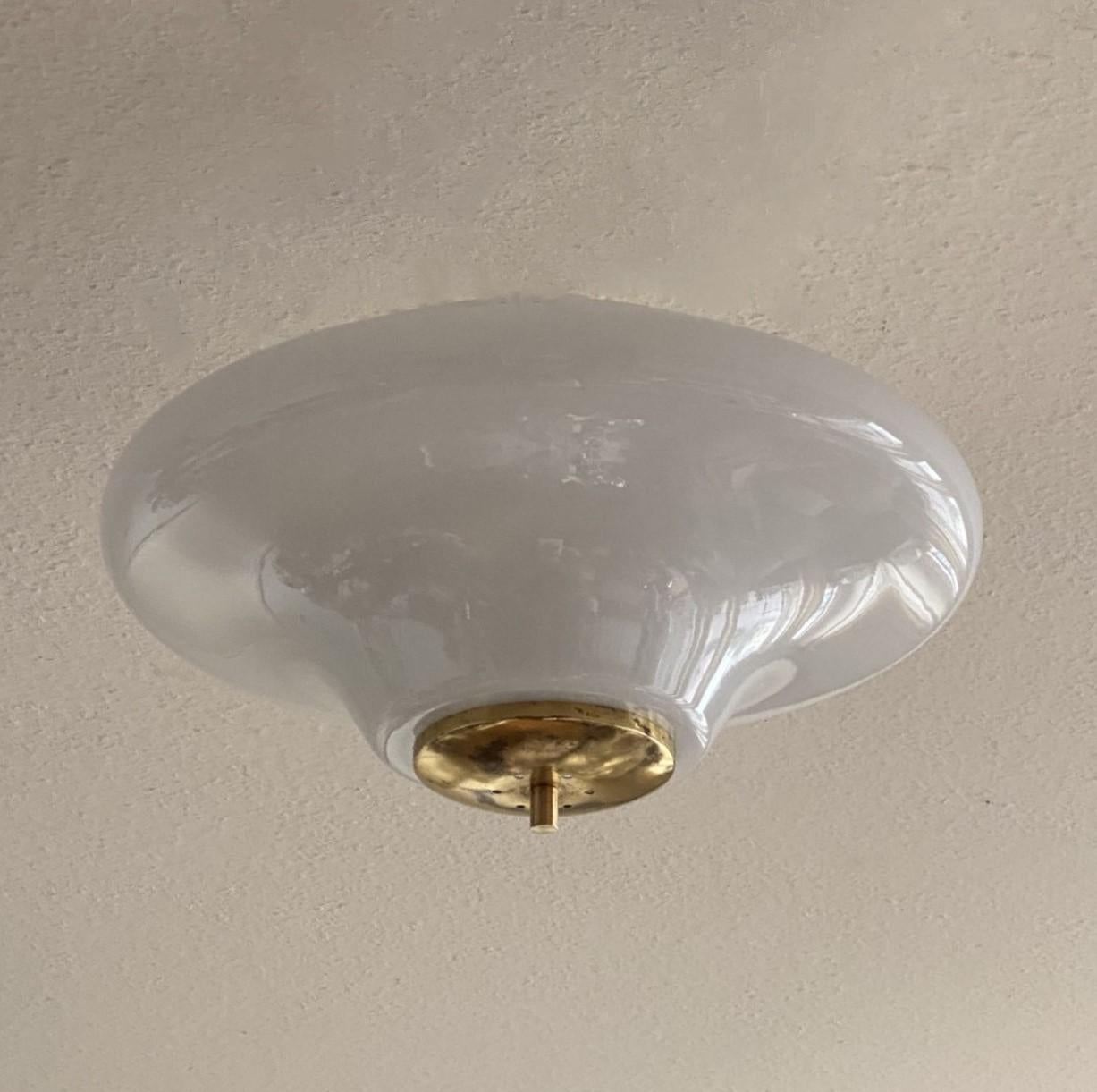 20th Century Large Bauhaus Opaline Glass Brass Two-Light Flush Mount, Germany, 1940-1949