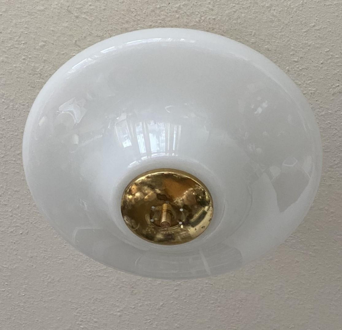 Large Bauhaus Opaline Glass Brass Two-Light Flush Mount, Germany, 1940-1949 1