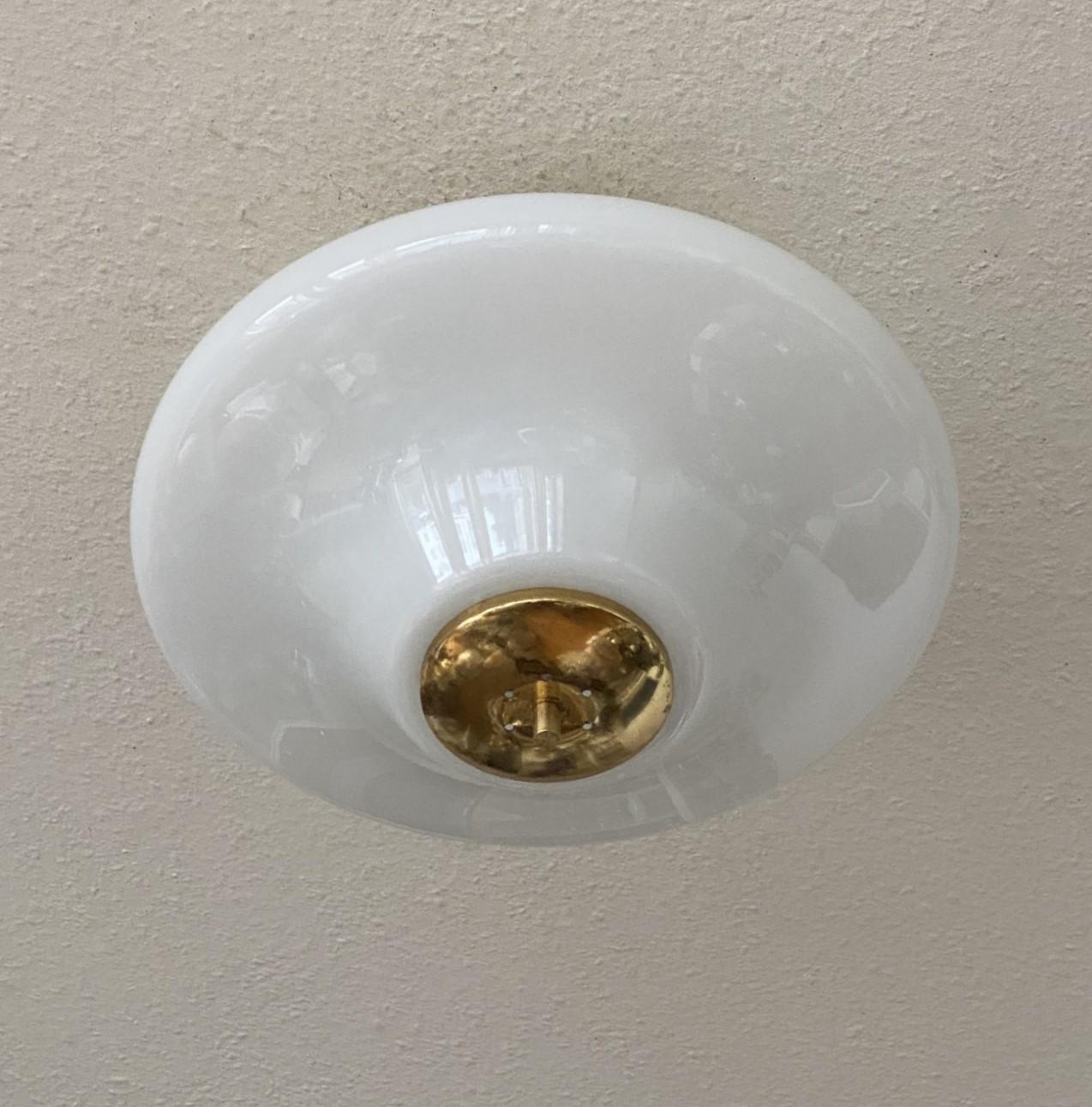 Large Bauhaus Opaline Glass Brass Two-Light Flush Mount, Germany, 1940-1949 2