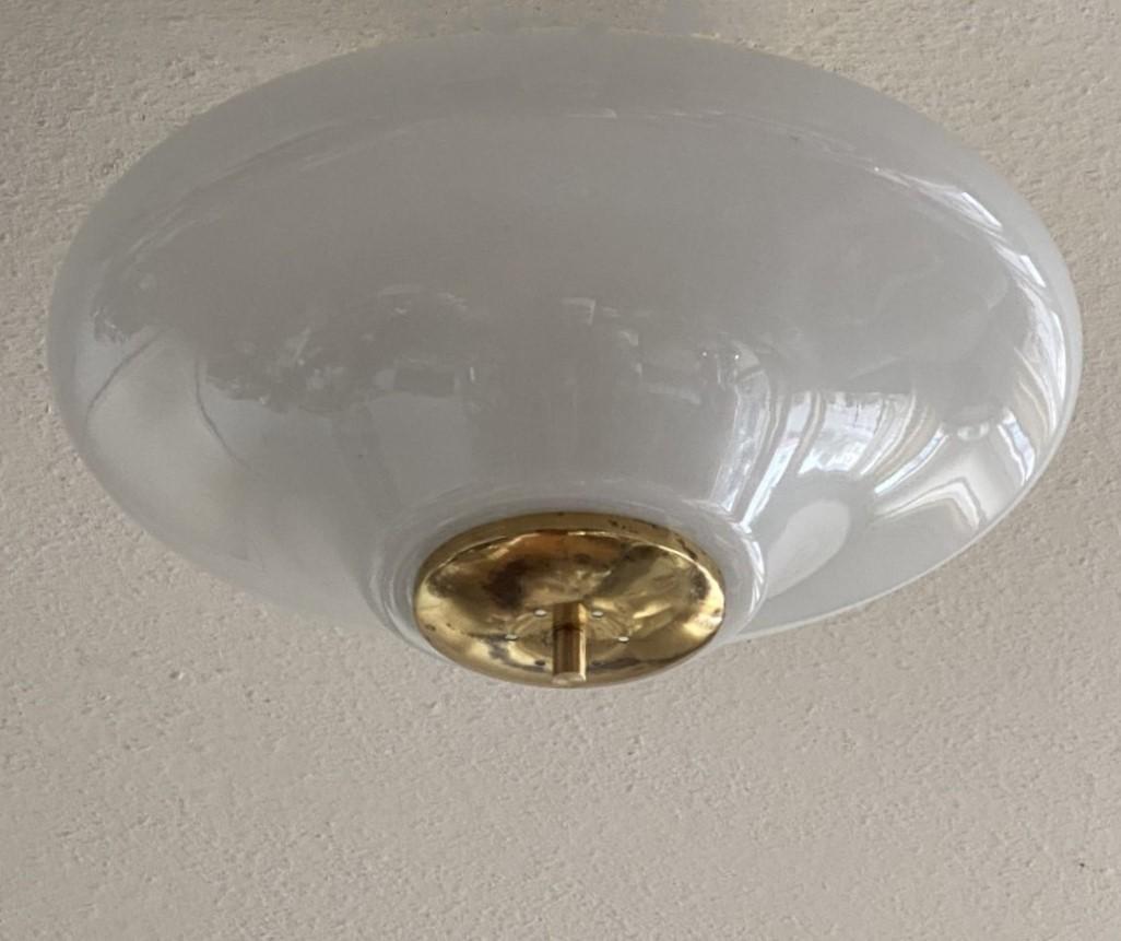 Large Bauhaus Opaline Glass Brass Two-Light Flush Mount, Germany, 1940-1949 3