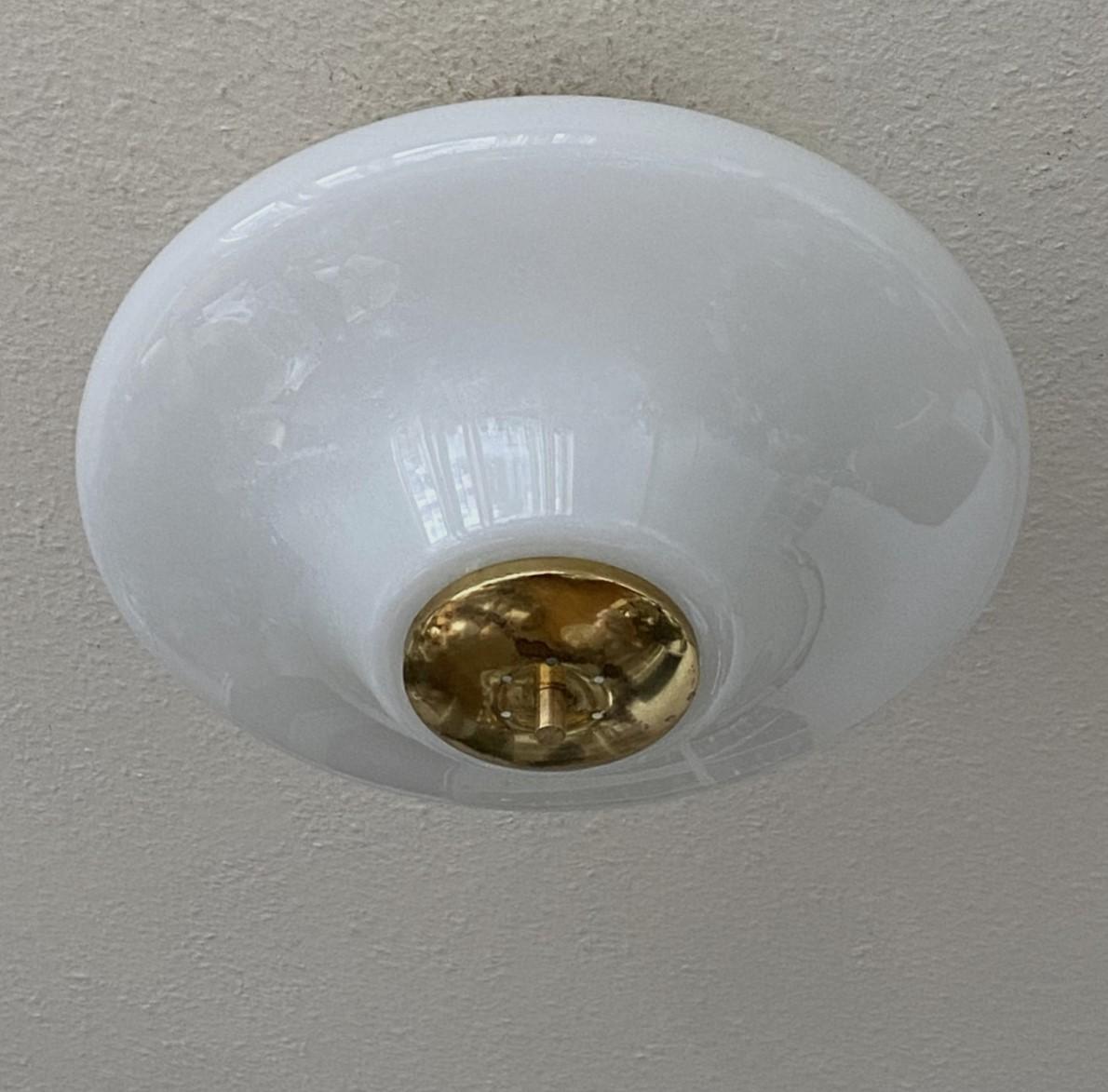 Large Bauhaus Opaline Glass Brass Two-Light Flush Mount, Germany, 1940-1949 4