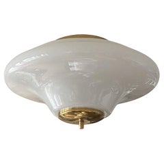 Large Bauhaus Opaline Glass Brass Two-Light Flush Mount, Germany, 1940-1949