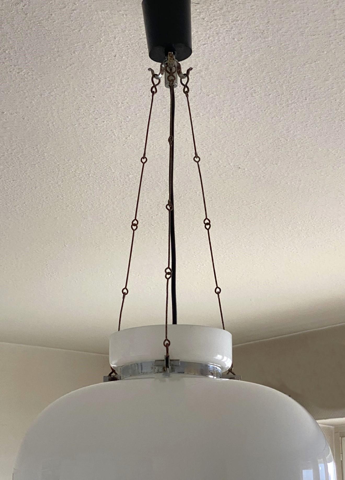 Large Midcentury Bauhaus Opaline Glass Pendant, Lantern, Germany, 1940-1949 For Sale 6