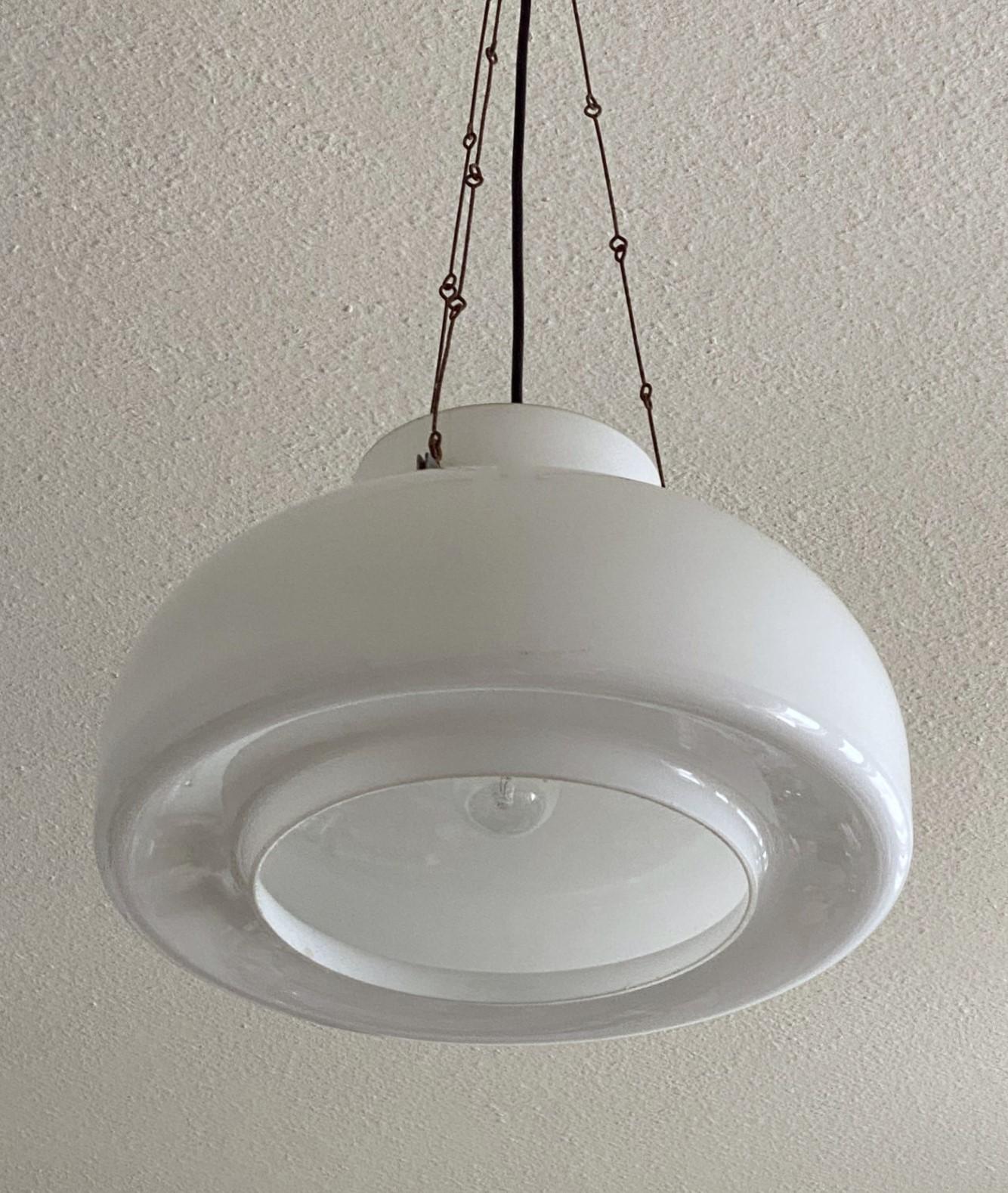 Large Midcentury Bauhaus Opaline Glass Pendant, Lantern, Germany, 1940-1949 For Sale 1