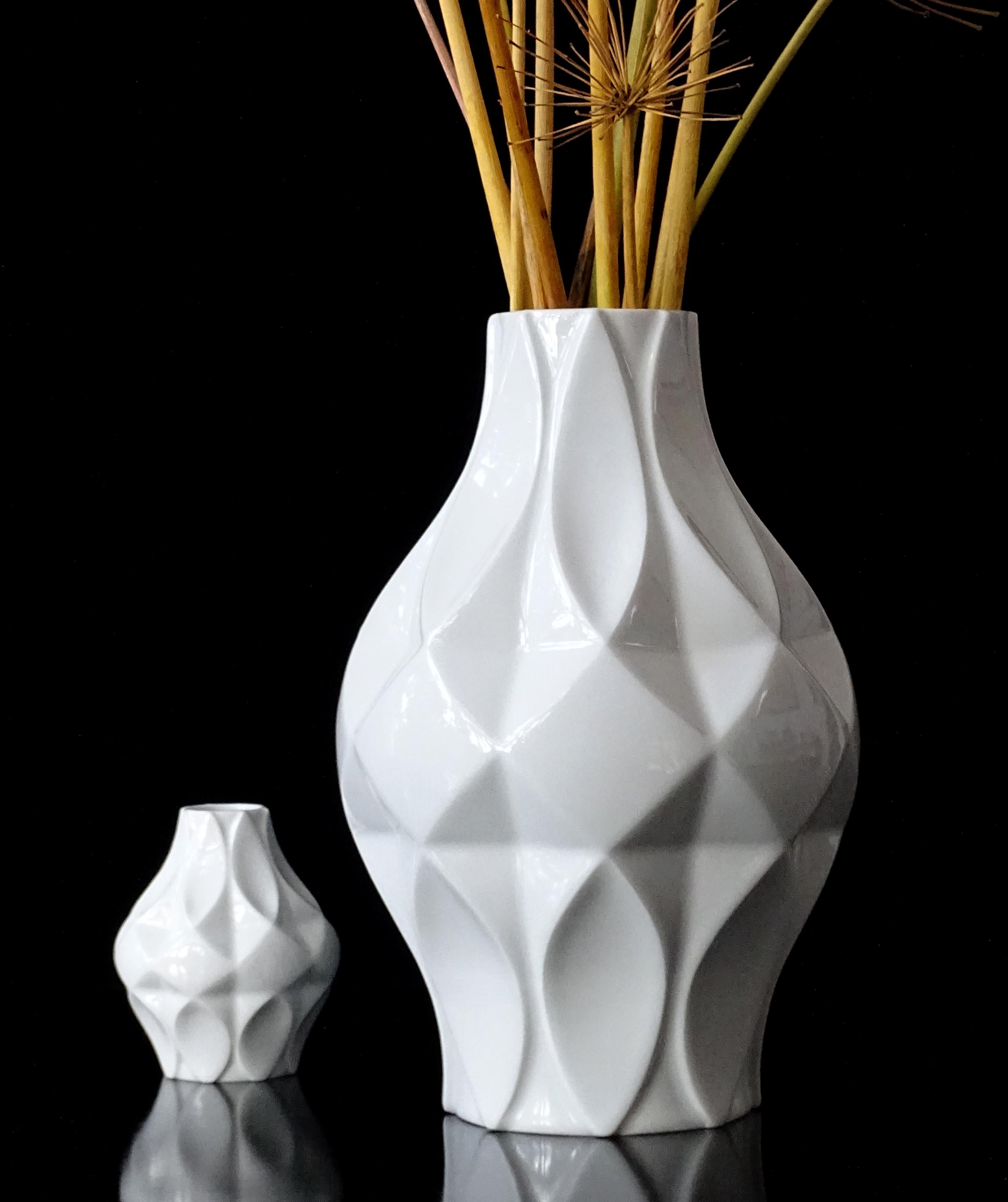Large Midcentury Royal Tettau White Architectonic Vase Losange Pattern, 70s 1