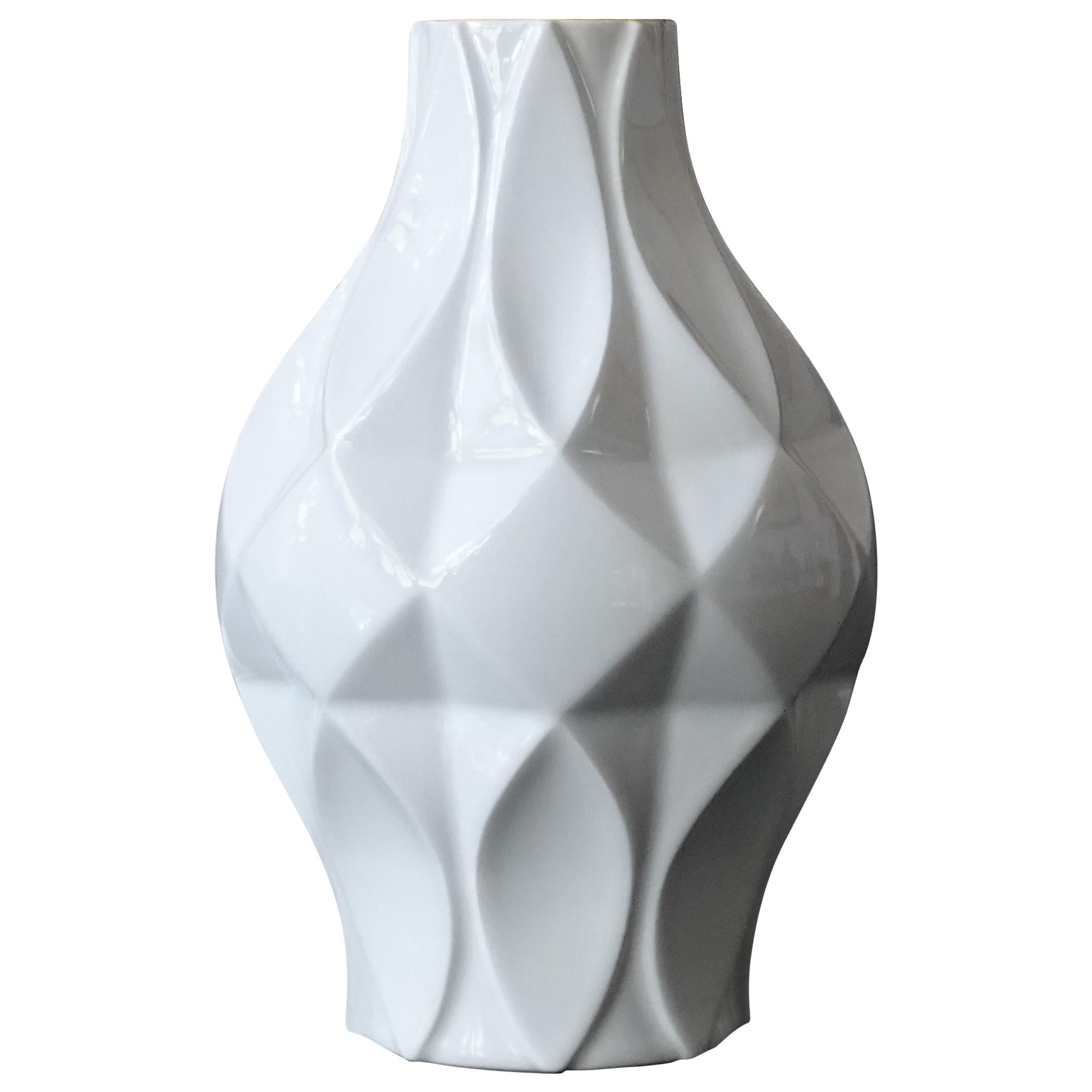 Large Midcentury Royal Tettau White Architectonic Vase Losange Pattern, 70s