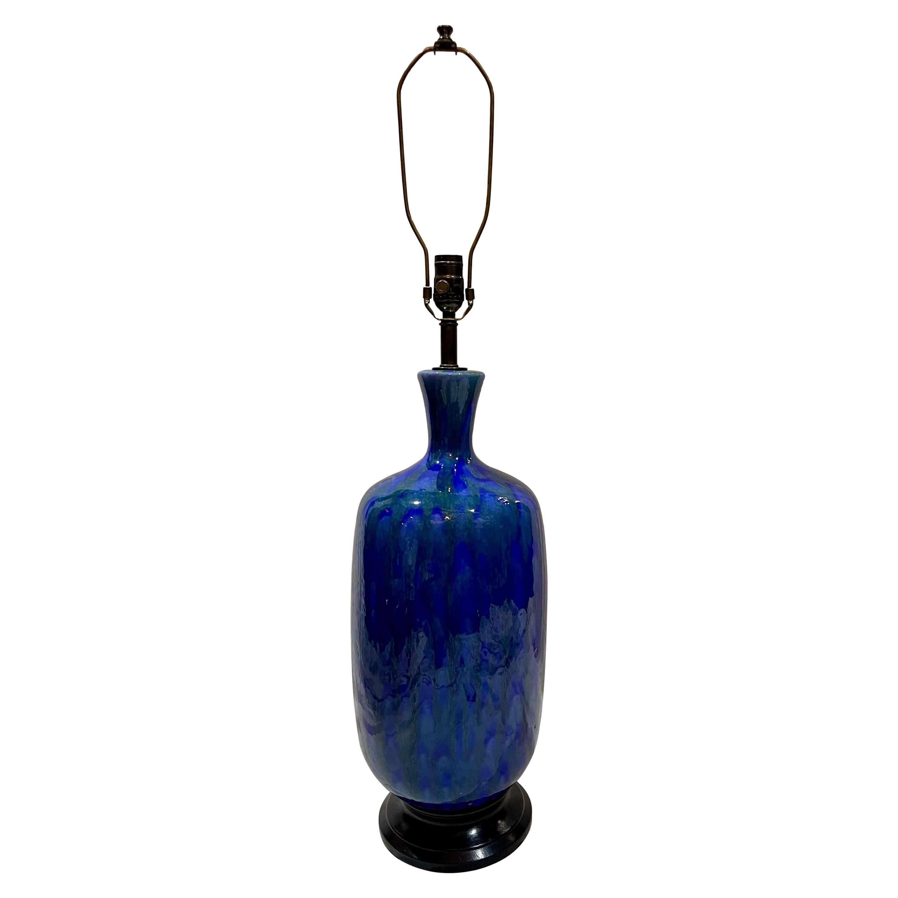 Large Midcentury Blue Porcelain Lamp For Sale