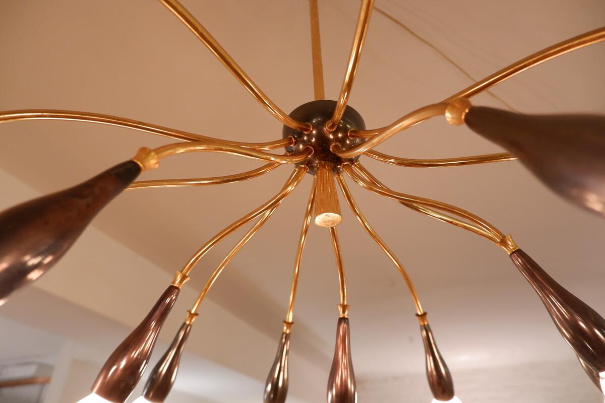 Large mid-century brass 15-arm sputnik chandelier, 1950s