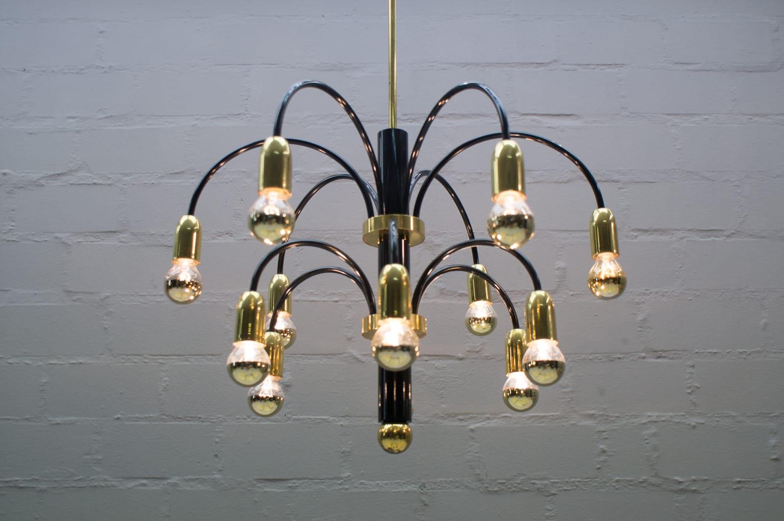Lacquered Large Midcentury Brass and Black Pendant Sputnik Lamp, Germany, 1970s For Sale