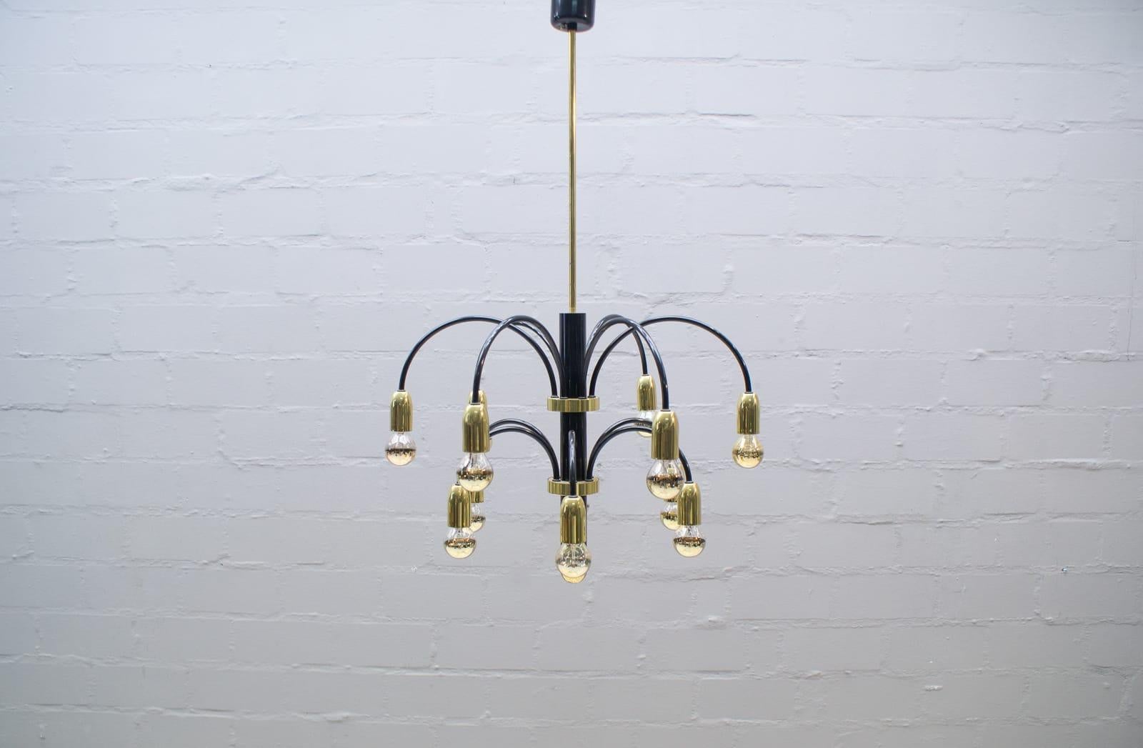 Large Midcentury Brass and Black Pendant Sputnik Lamp, Germany, 1970s For Sale 2