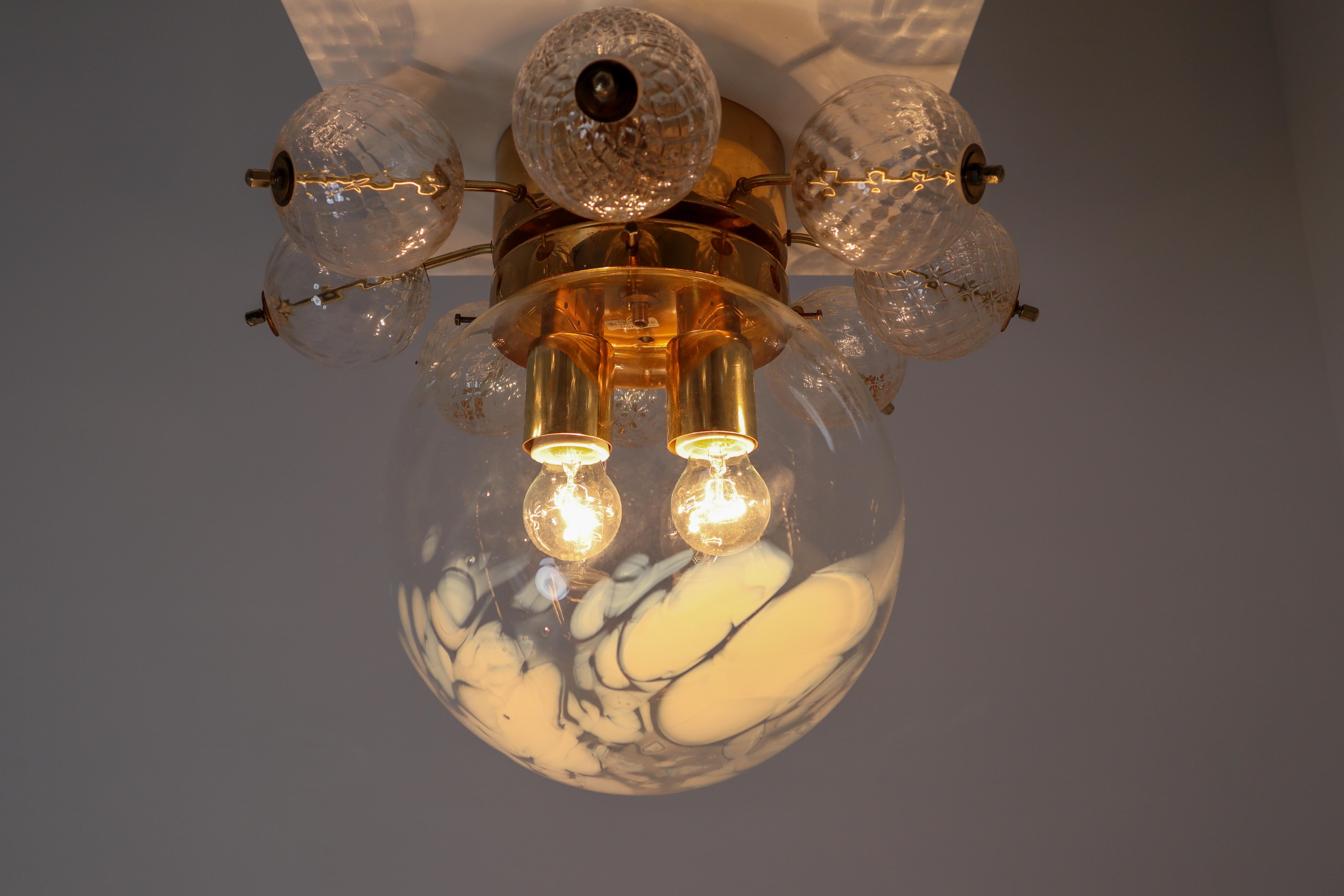 Mid-Century Modern Large Midcentury Brass Ceiling Lamp-Chandelier with Handblown Art-Glass , 1960s For Sale