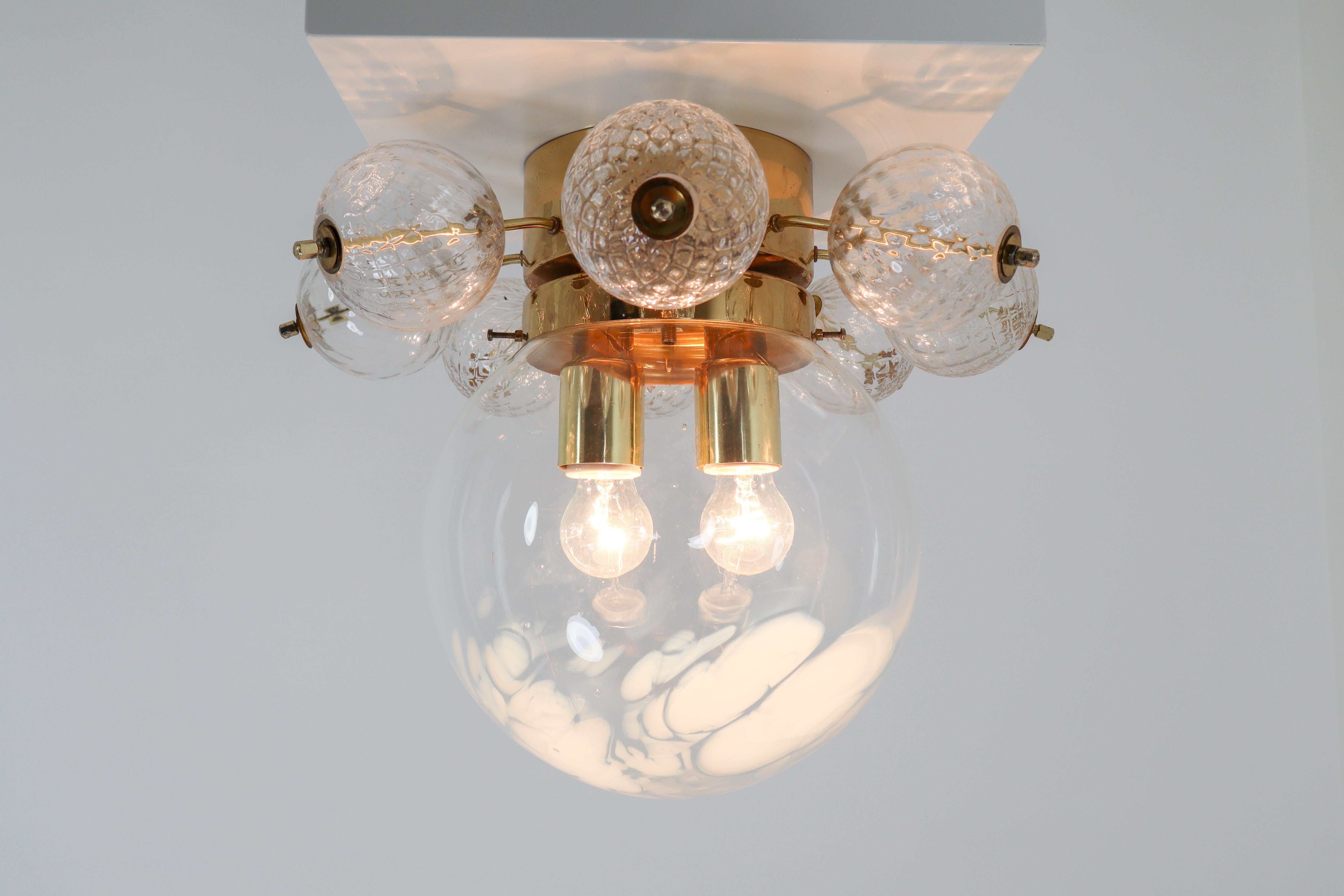 Austrian Large Midcentury Brass Ceiling Lamp-Chandelier with Handblown Art-Glass , 1960s For Sale