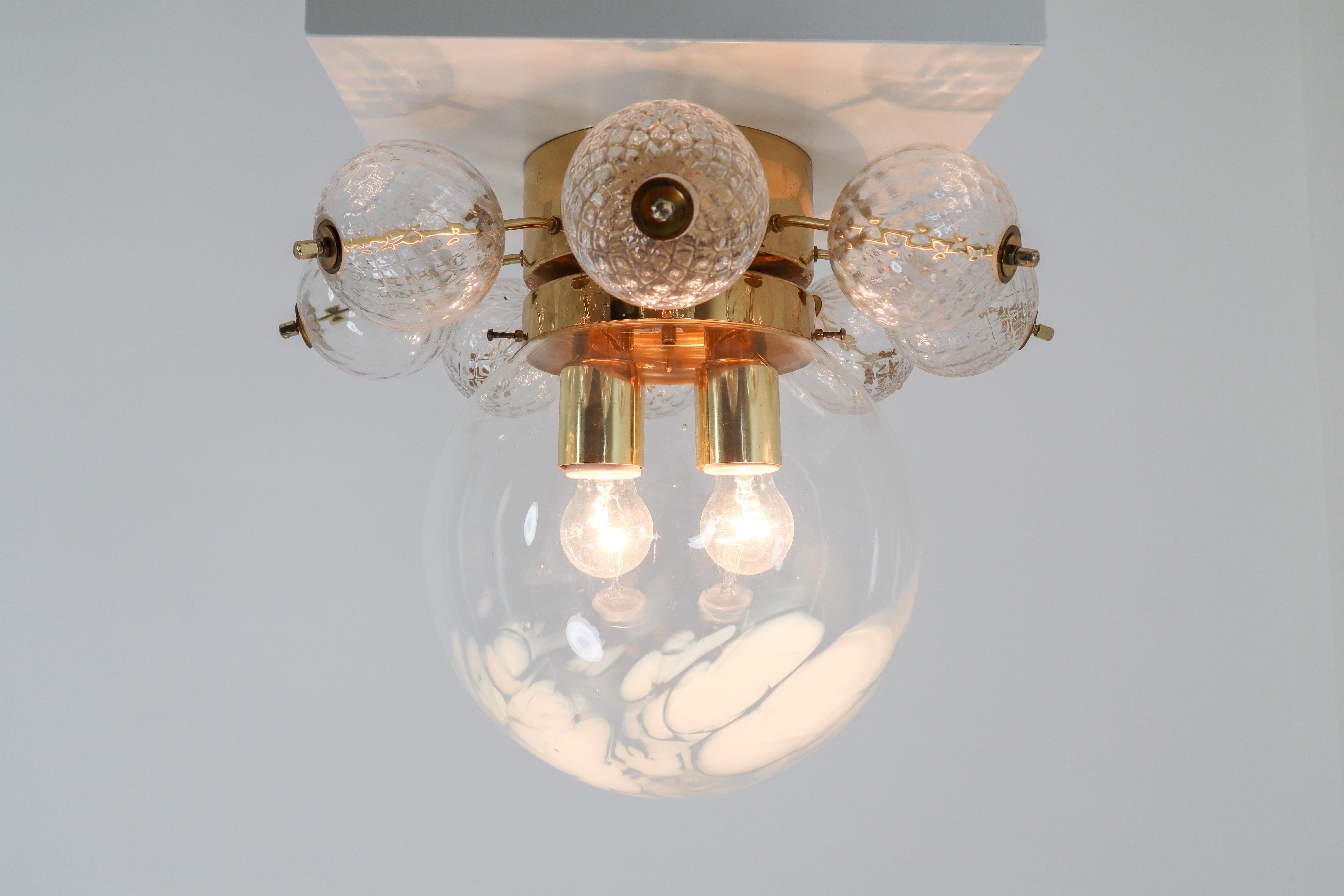 Austrian Large Midcentury Brass Ceiling Lamp-Chandelier with Hand Blown Art-Glass, 1960s For Sale