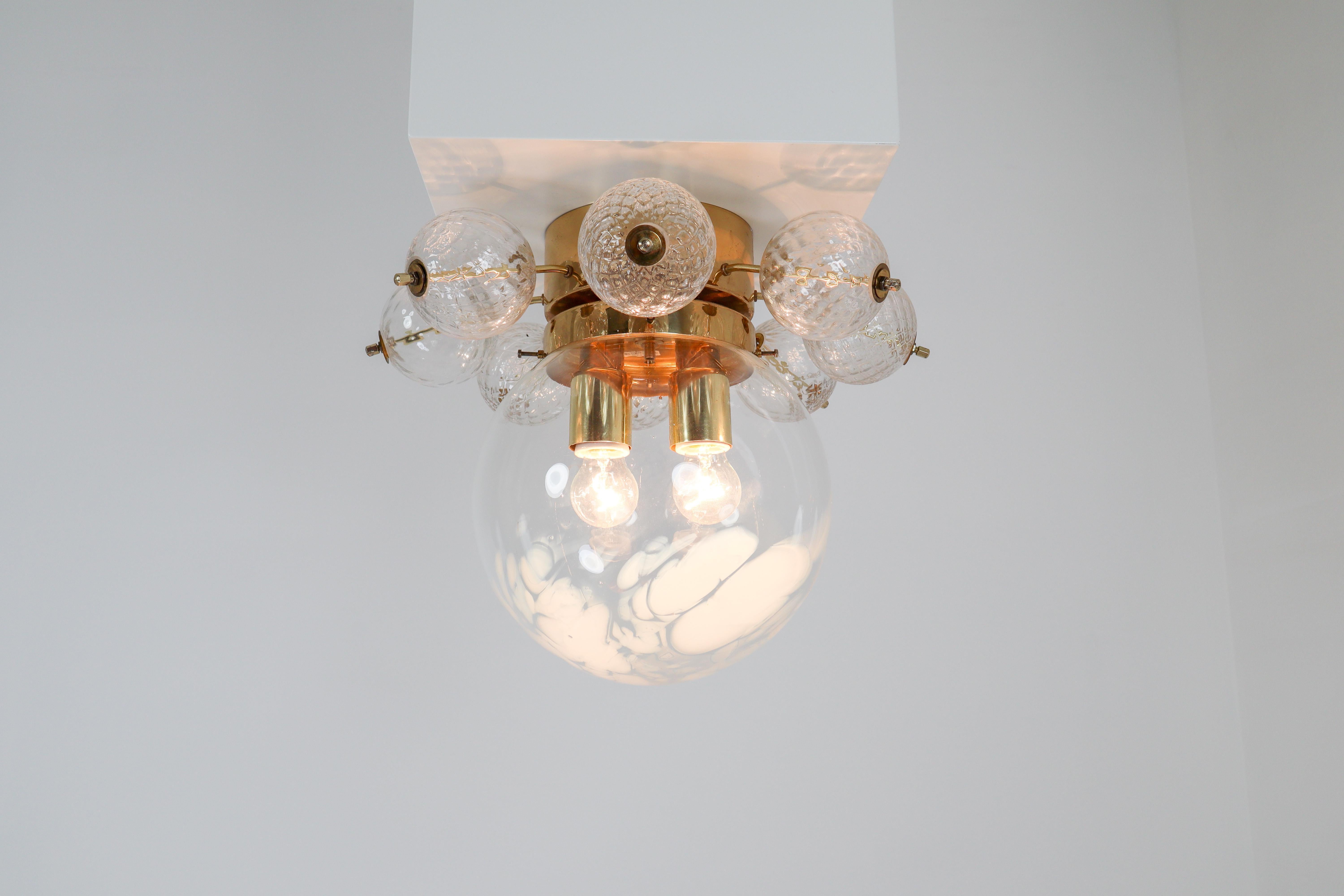 Large Midcentury Brass Ceiling Lamp-Chandelier with Handblown Art-Glass , 1960s In Good Condition For Sale In Almelo, NL