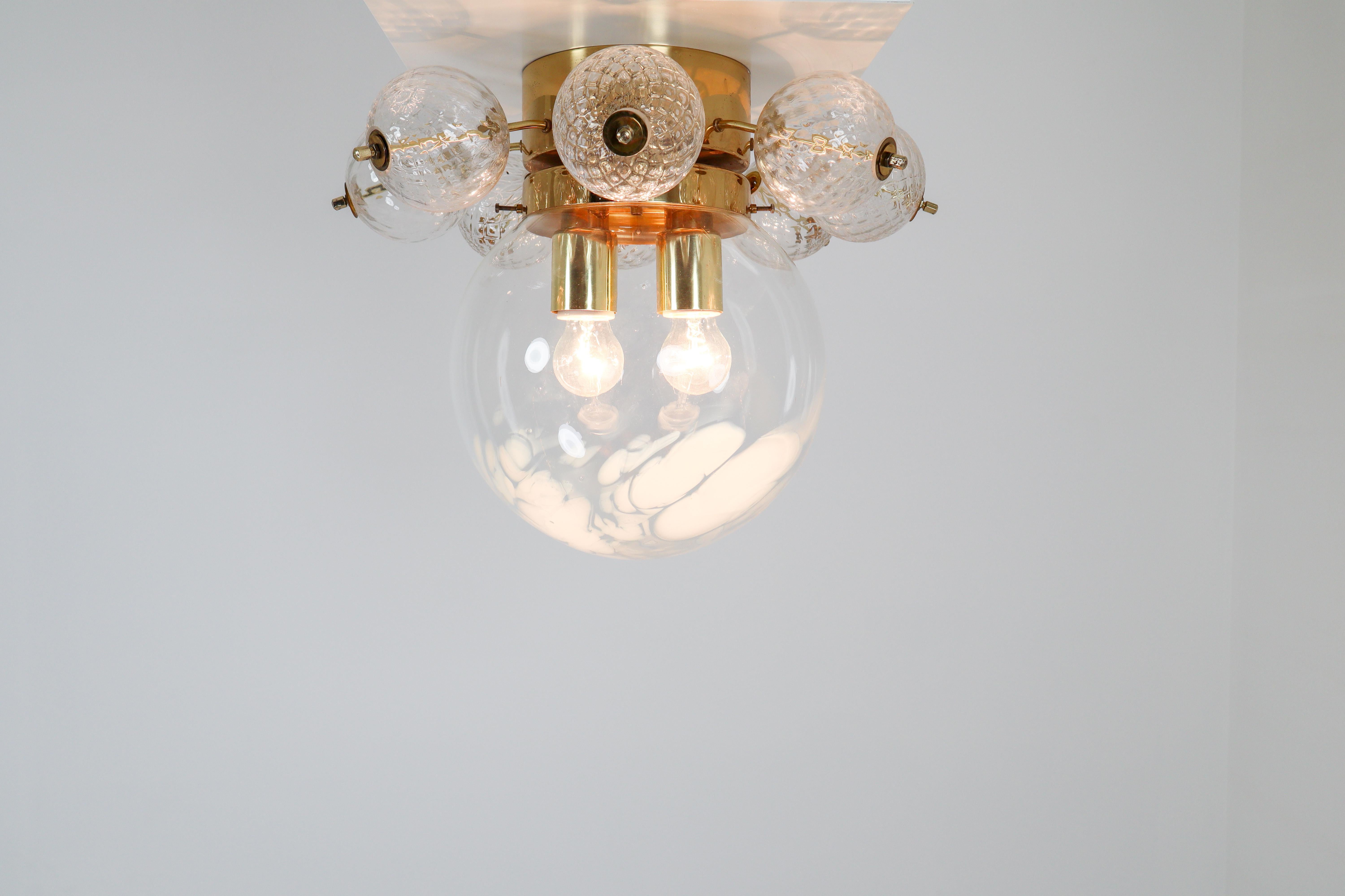 20th Century Large Midcentury Brass Ceiling Lamp-Chandelier with Handblown Art-Glass , 1960s For Sale