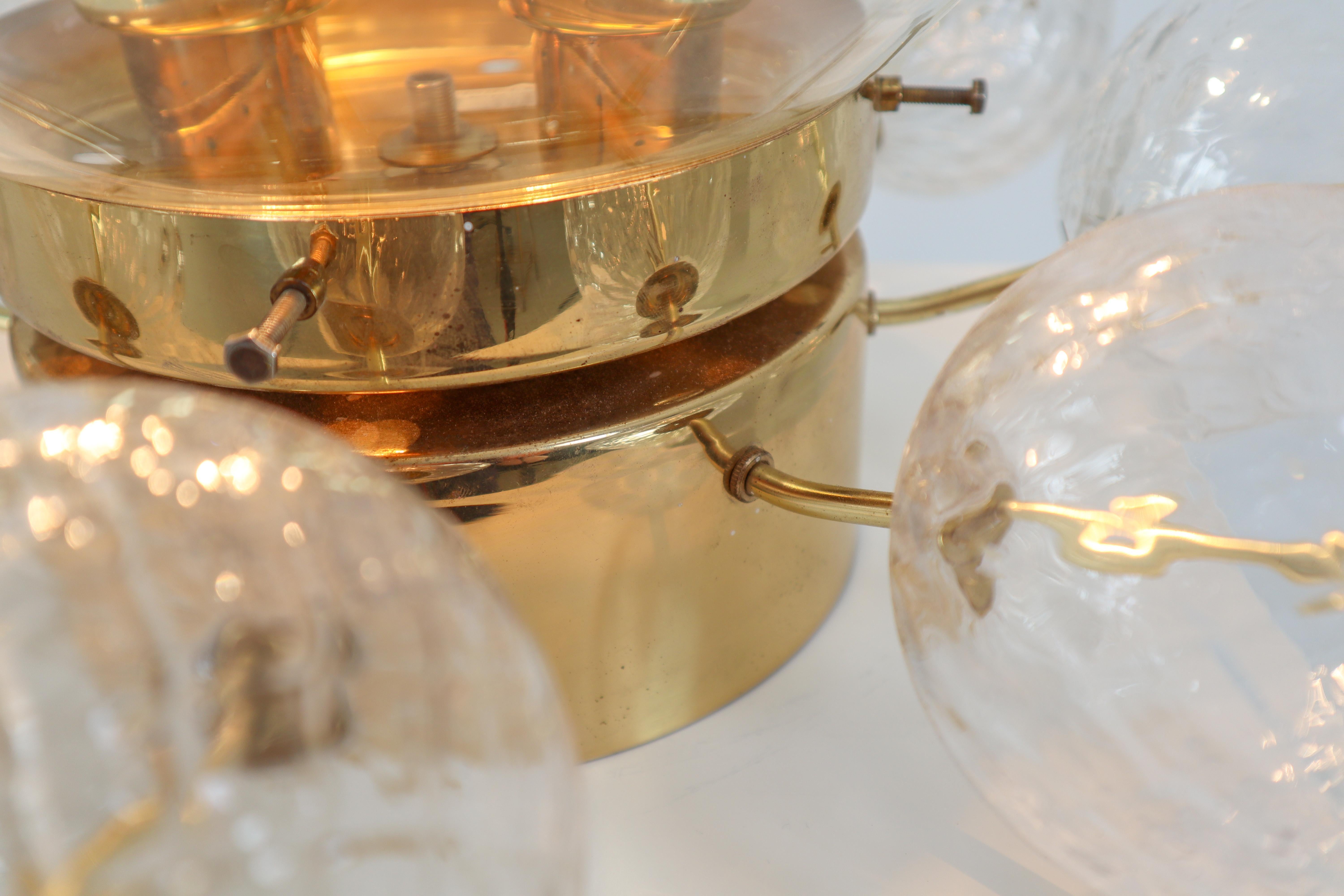 Large Midcentury Brass Ceiling Lamp-Chandelier with Hand Blown Art-Glass, 1960s For Sale 1