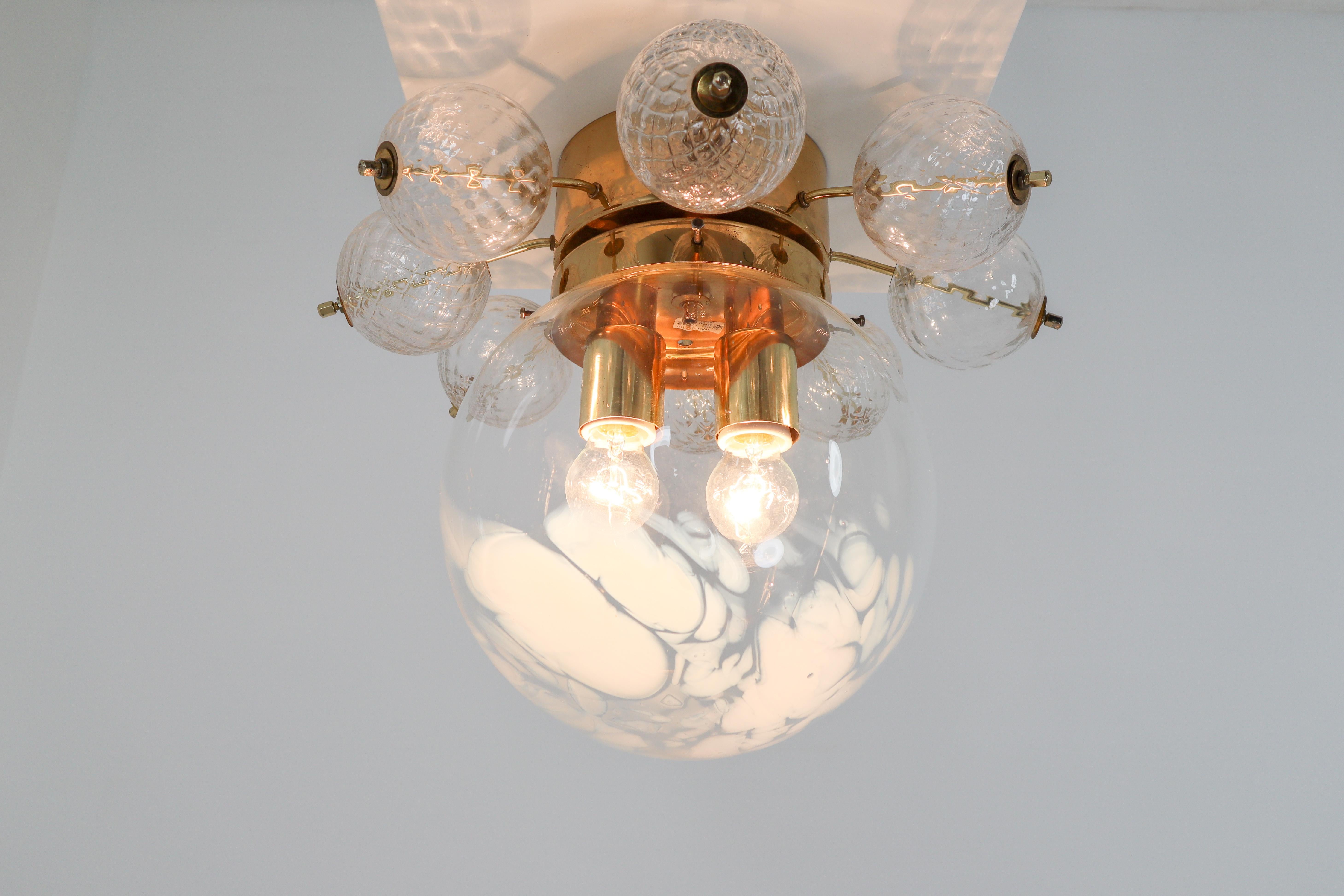 Large Midcentury Brass Ceiling Lamp-Chandelier with Hand Blown Art-Glass, 1960s For Sale 3