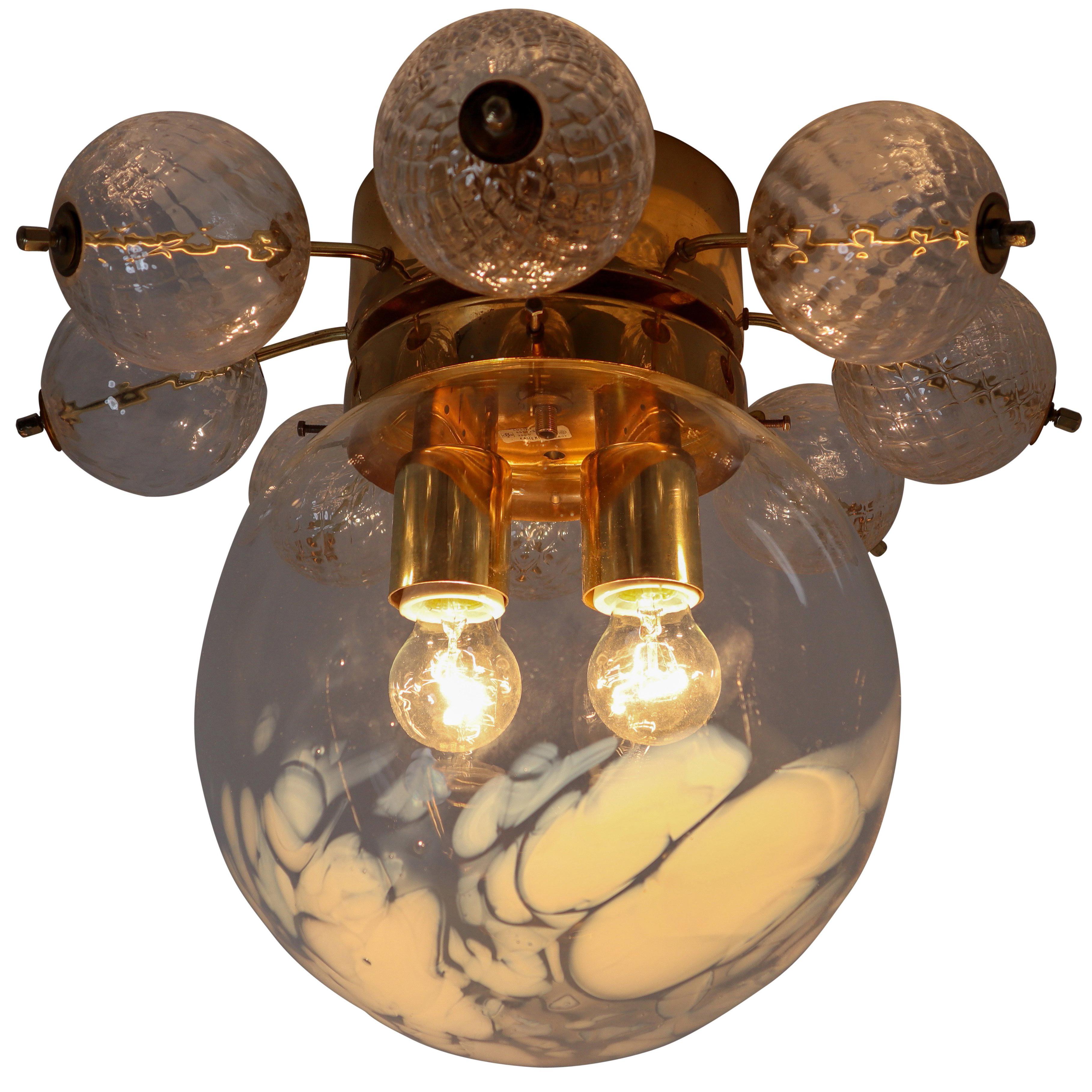 Large Midcentury Brass Ceiling Lamp-Chandelier with Handblown Art-Glass ,1960s