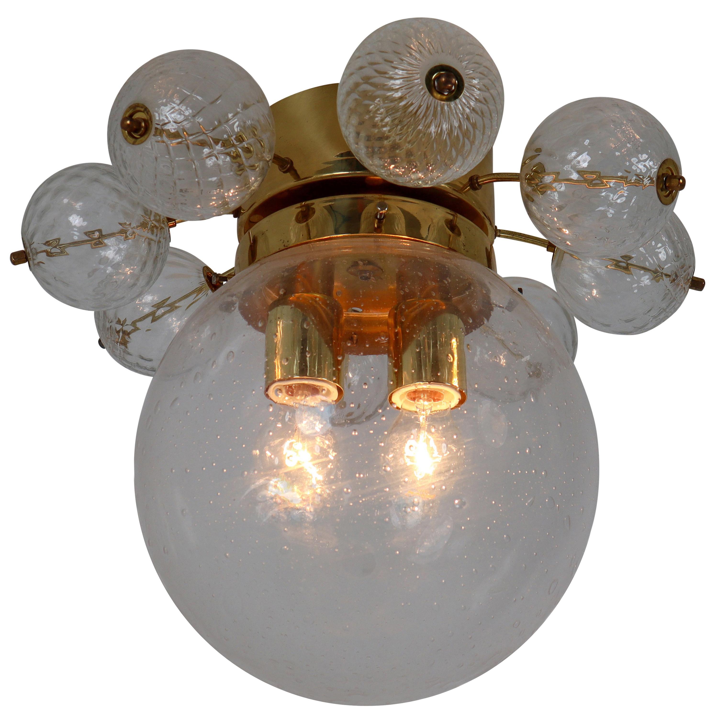 Large Midcentury Brass Ceiling Lamp-Chandeliers with Hand Blown Glass For Sale