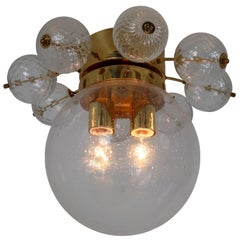 Large Midcentury Brass Ceiling Lamp-Chandeliers with Hand Blown Glass