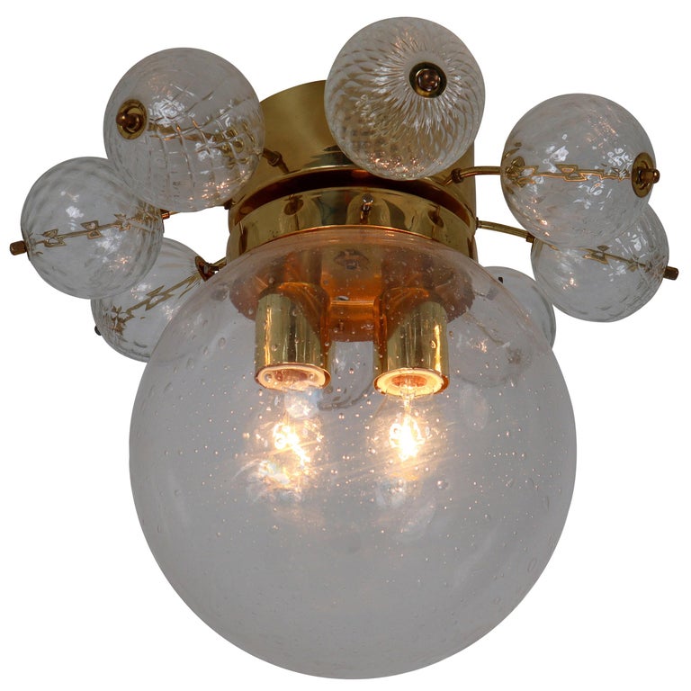 Large Midcentury Brass Ceiling Lamp-Chandeliers with Hand Blown Glass For Sale