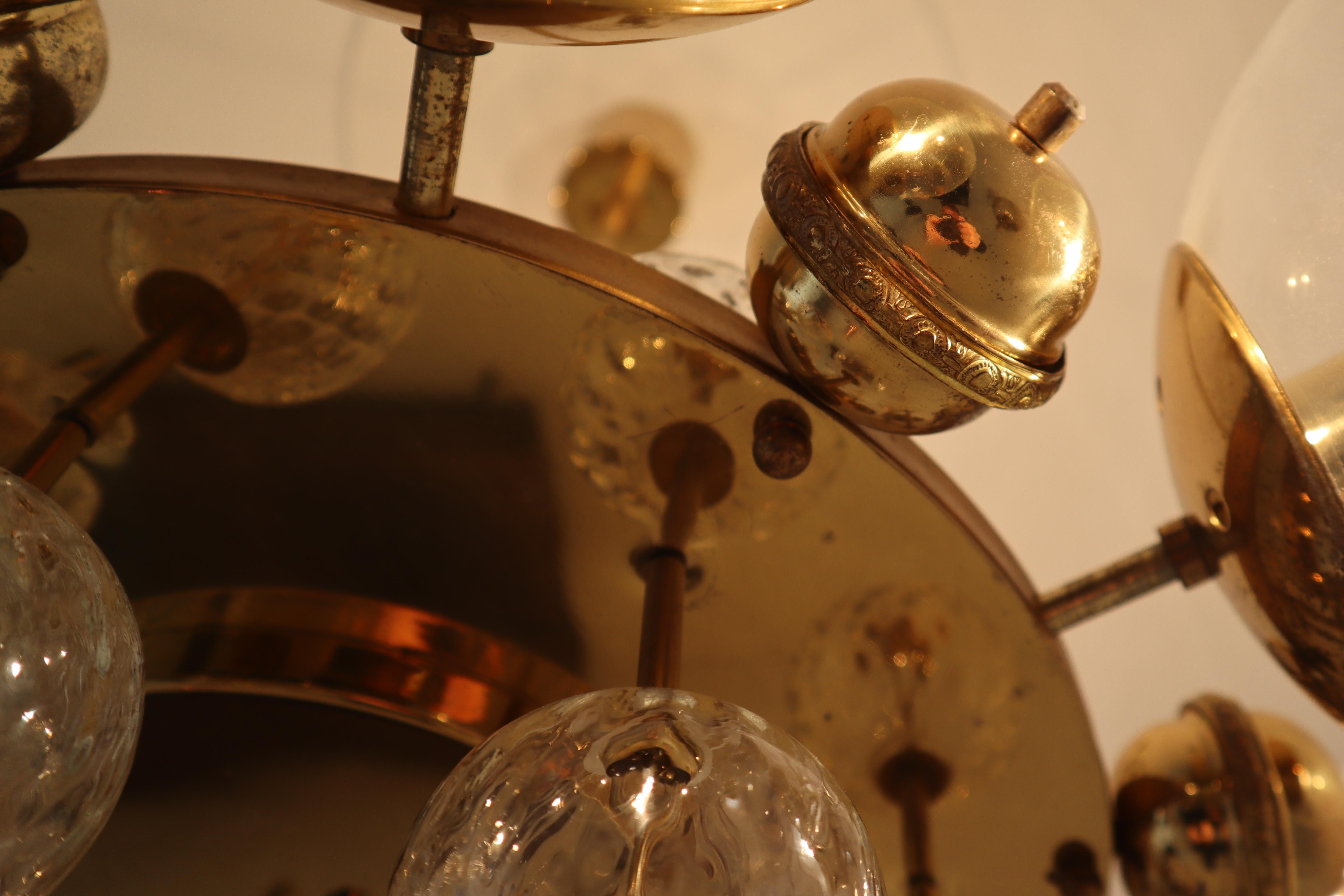 20th Century Large Midcentury Brass Chandelier with Eight Hand Blown Brass Globes , 1950s