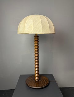 Large midcentury brutalist wood turned mushroom table lamp, France 1950s