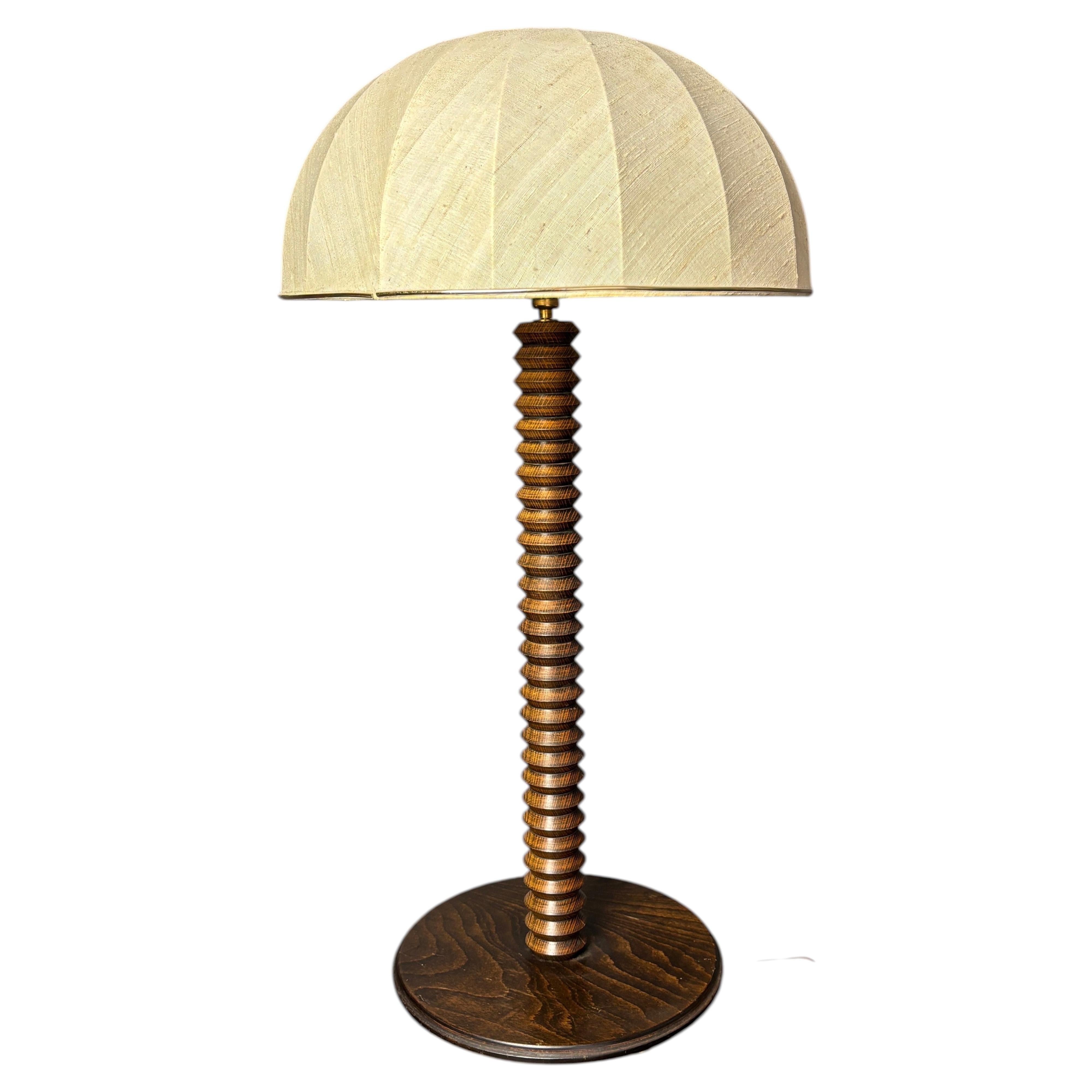 Large midcentury brutalist wood turned mushroom table lamp, France 1950s