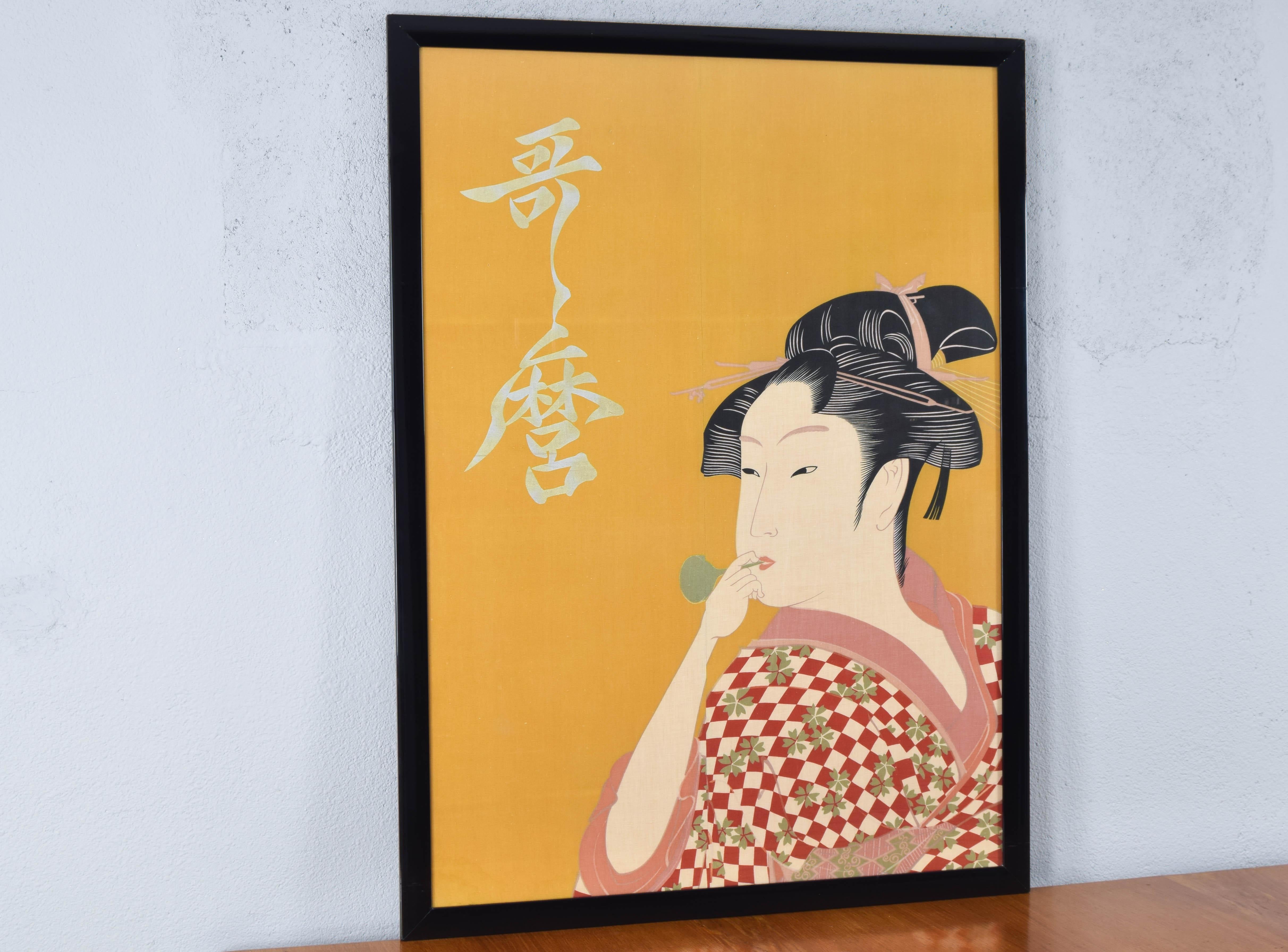 Mid-Century Modern Large Midcentury Canvas Inspired by the Image of Utamaro Woman Playing a Poppin