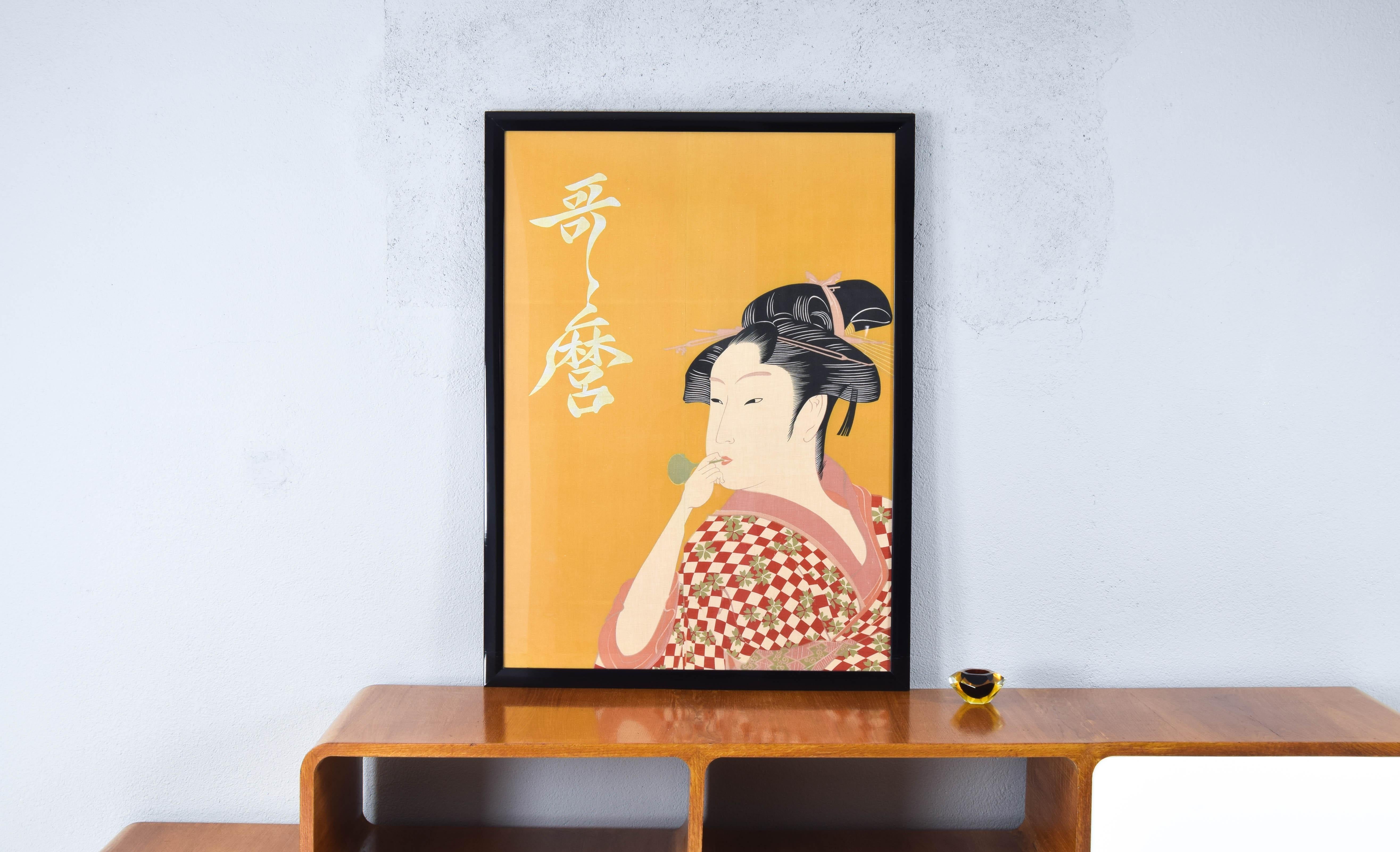 Unknown Large Midcentury Canvas Inspired by the Image of Utamaro Woman Playing a Poppin