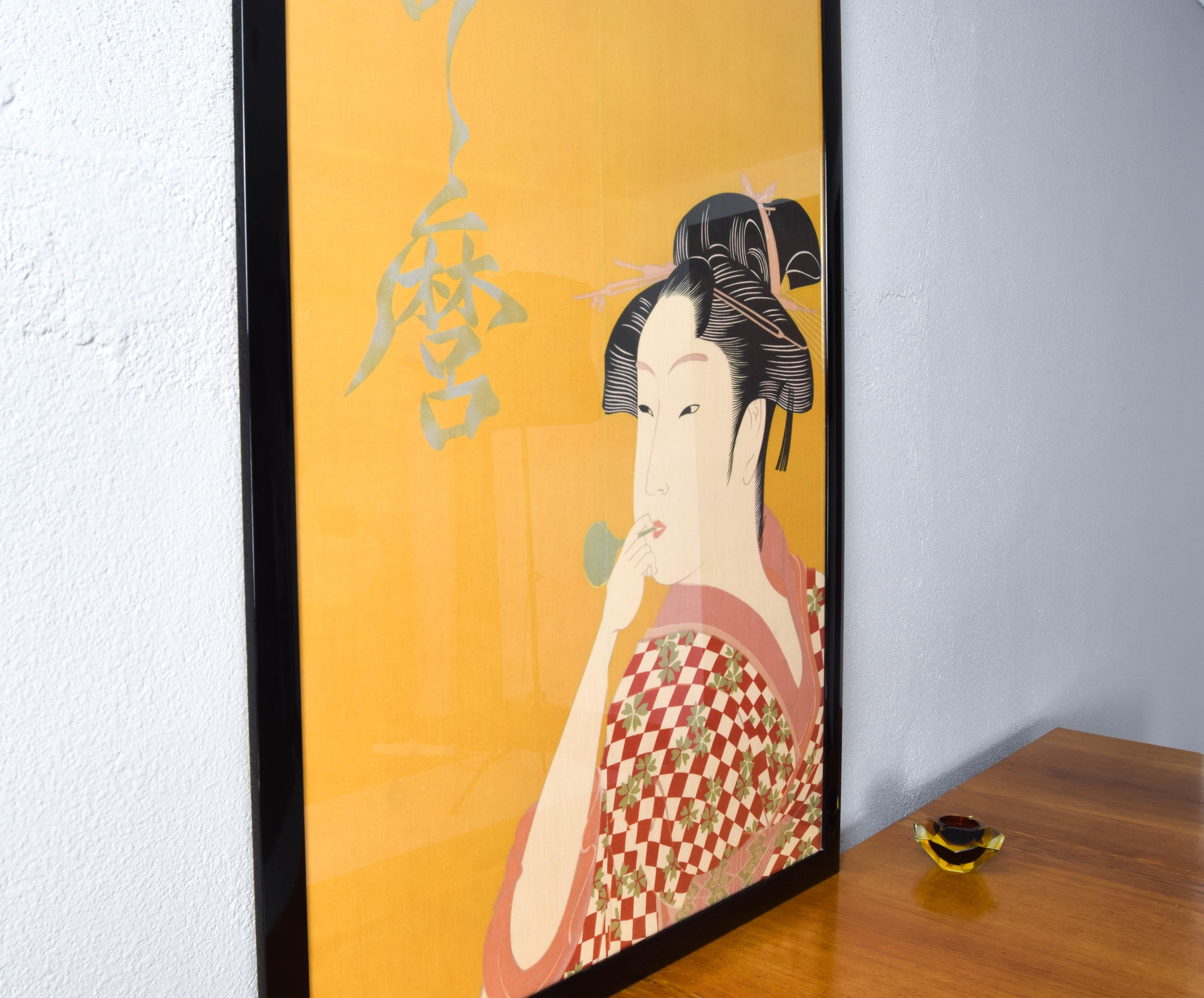 Large Midcentury Canvas Inspired by the Image of Utamaro Woman Playing a Poppin In Good Condition In Escalona, Toledo