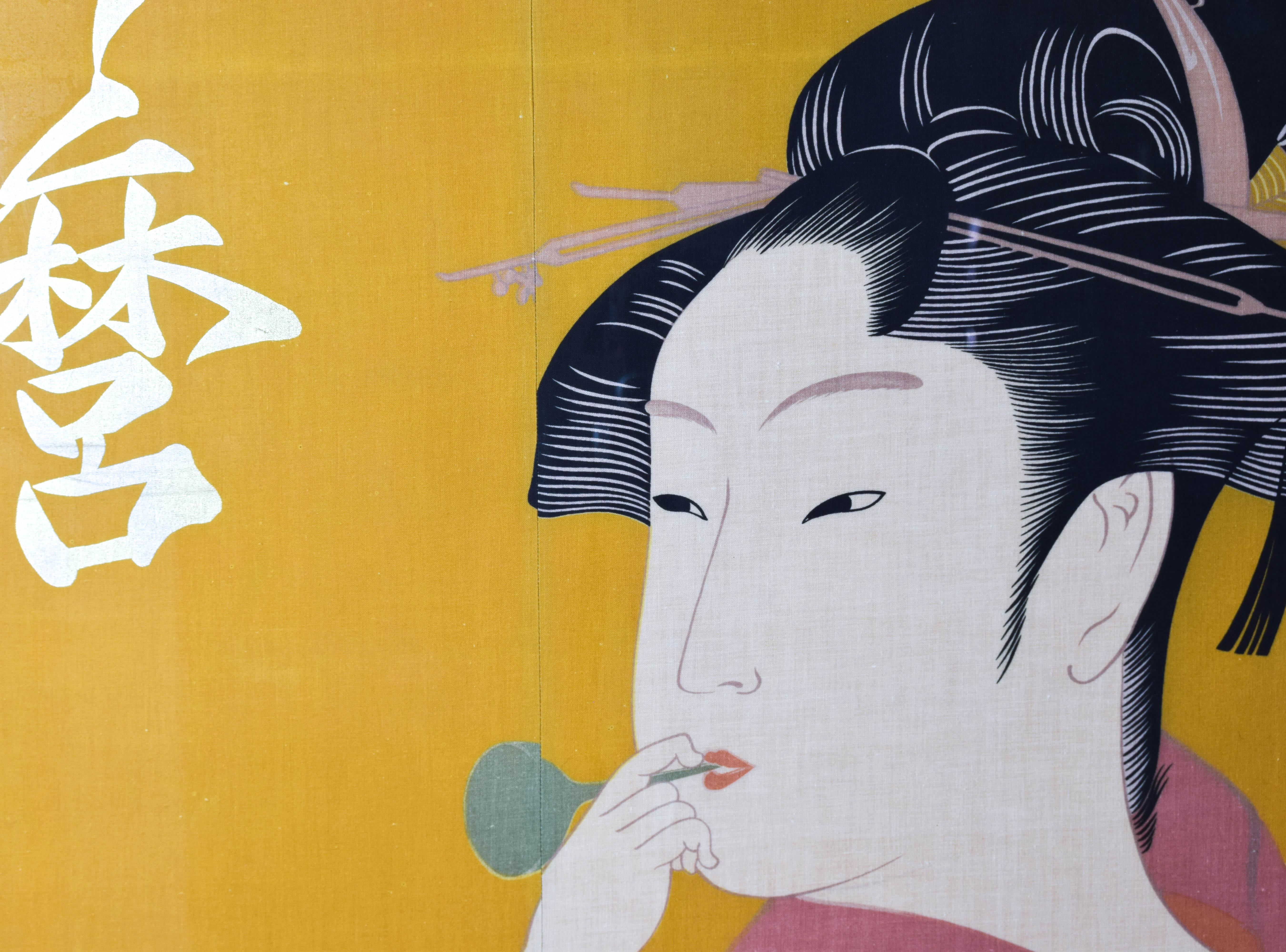 20th Century Large Midcentury Canvas Inspired by the Image of Utamaro Woman Playing a Poppin