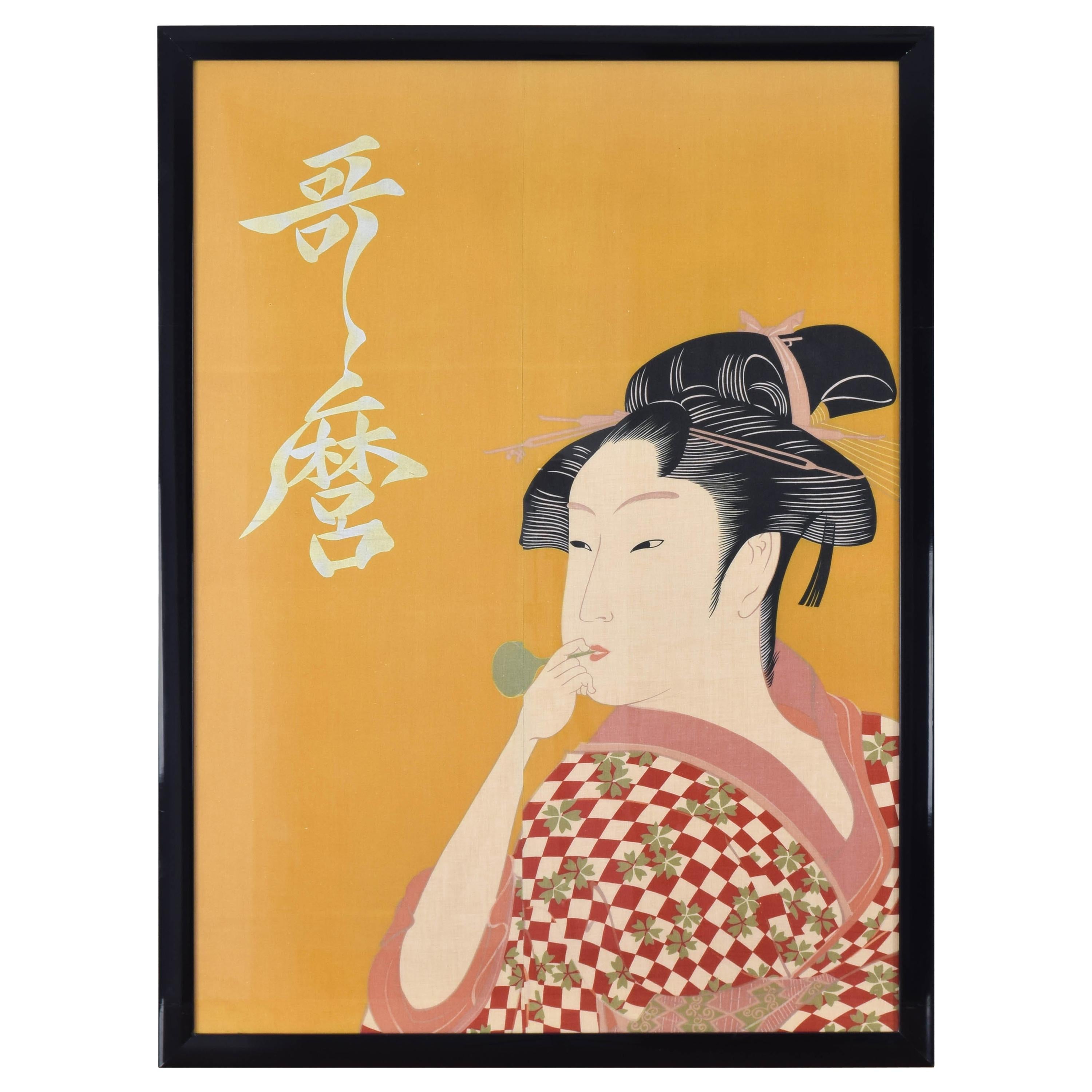 Large Midcentury Canvas Inspired by the Image of Utamaro Woman Playing a Poppin