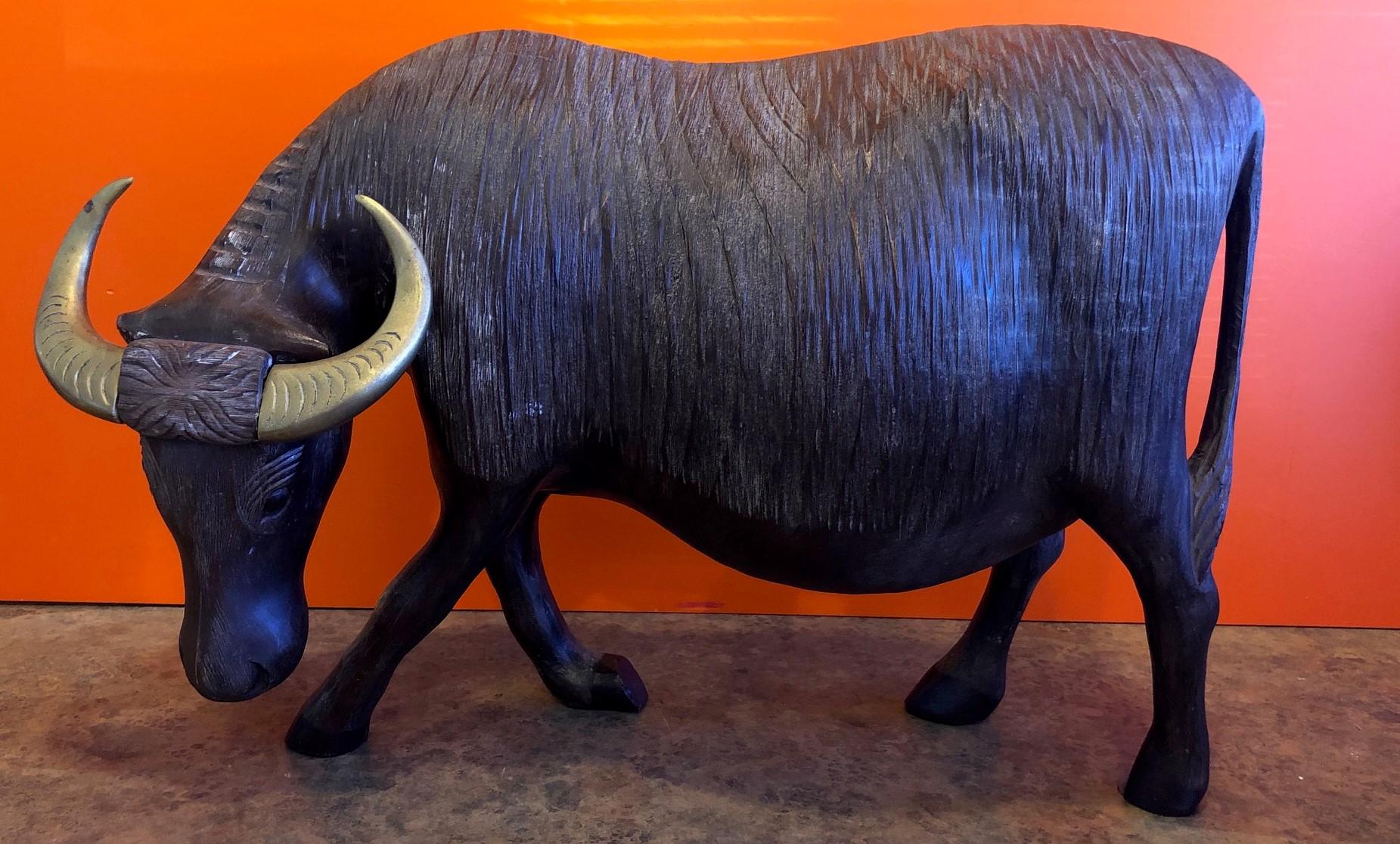 Mid-Century Modern Large Midcentury Carved Wood and Brass Bull Sculpture