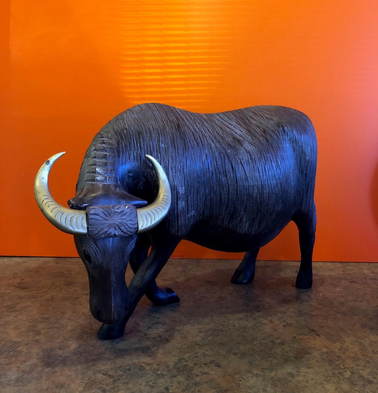 Mexican Large Midcentury Carved Wood and Brass Bull Sculpture